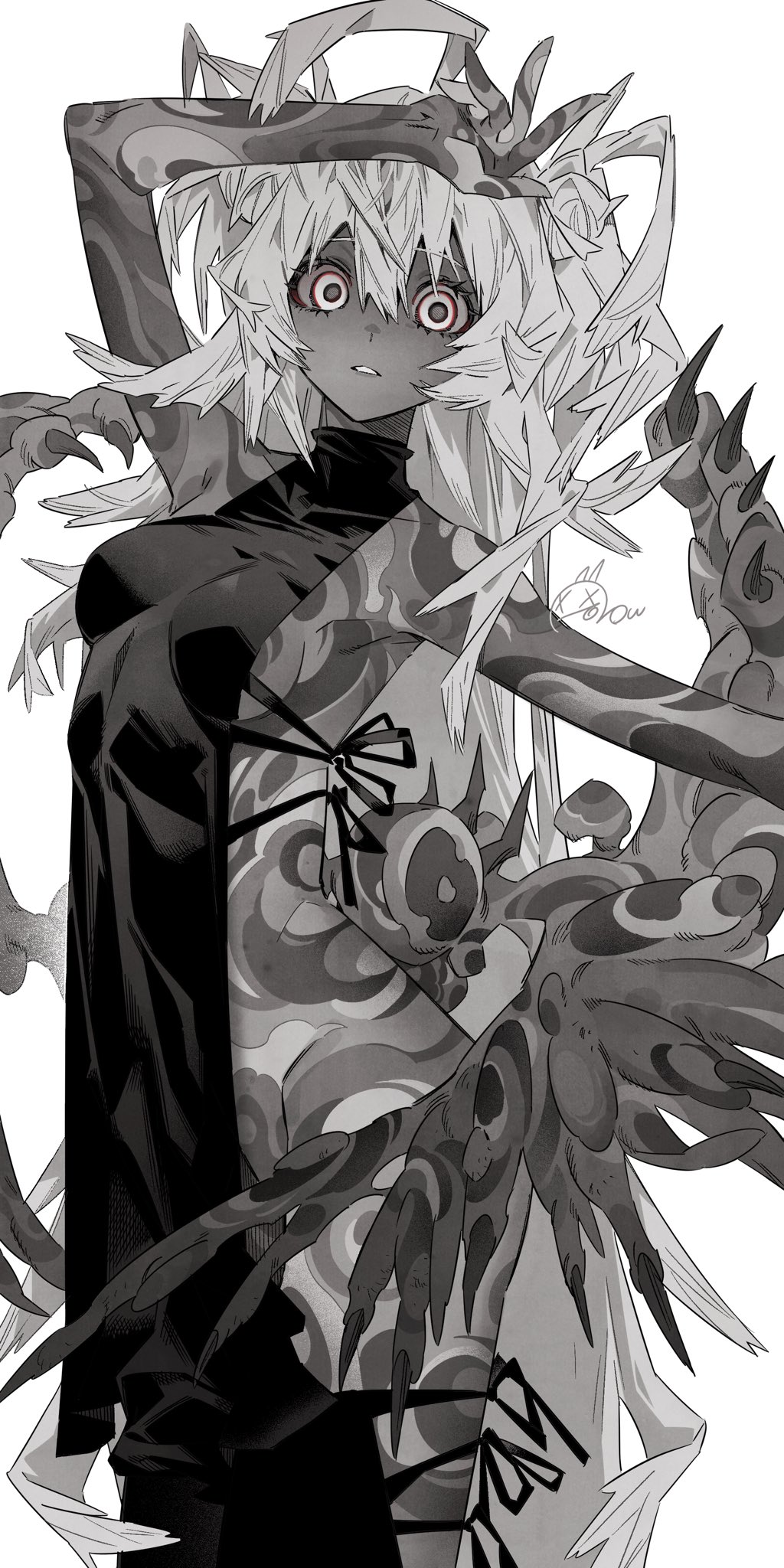 now drawing, tagme, 1girl, groin, looking at viewer, monochrome, no bra, no panties, simple background, tattoo, white background, wings