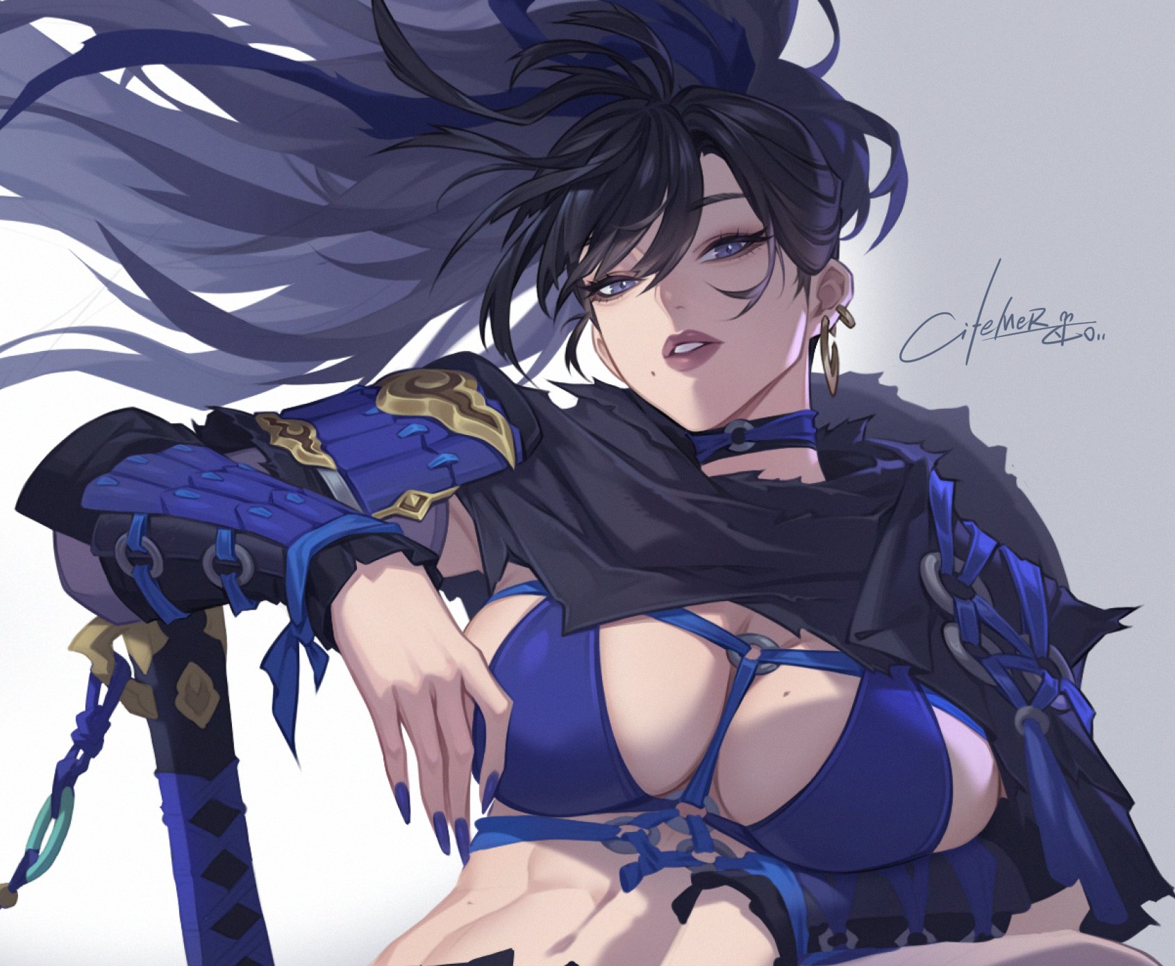 citemer, character request, tagme, 1girl, breasts, earrings, jewelry, large breasts, lips, looking at viewer, simple background