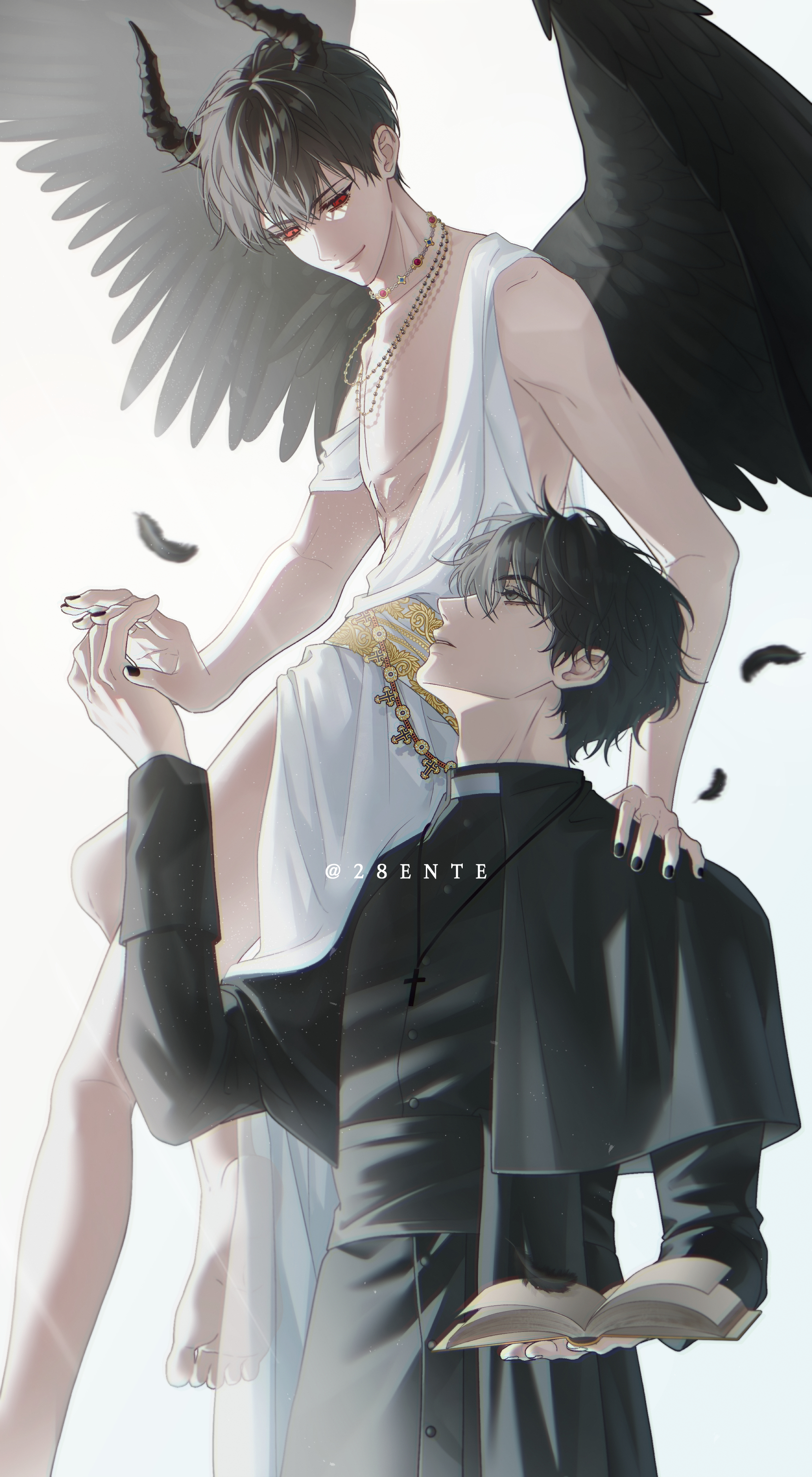 kim dokja, yoo joonghyuk, omniscient reader's viewpoint, absurdres, highres, variant set, 28ente, 2boys, barefoot, bead necklace, beads, black hair, black nails, black shirt, black wings, book, cassock, clerical collar, demon horns, falling feathers, feathered wings, feathers, floating, hand on another's shoulder, holding, holding book, holding hands, horns, jewelry, looking at another, looking up, male focus, multiple boys, necklace, open book, pectoral cleavage, pectorals, red eyes, shirt, short hair, smile, toga, wings