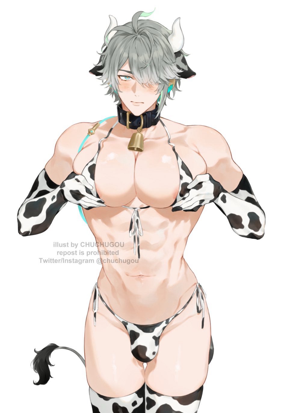 chuchugou, alhaitham (genshin impact), genshin impact, highres, 1boy, animal ears, animal print, artist name, bell, bikini, blush, bulge, closed mouth, cow ears, cow horns, cow print, cow print bikini, cow print thighhighs, cow tail, cowbell, cowboy shot, crossdressing, crossdressing (mtf), grabbing own pectoral, grey hair, hair over one eye, horns, looking at viewer, male focus, narrow waist, navel, print bikini, print thighhighs, puffy male chest, side-tie bikini bottom, simple background, solo, swimsuit, tail, thigh gap, thighhighs, thighs, twitter username, watermark, white background