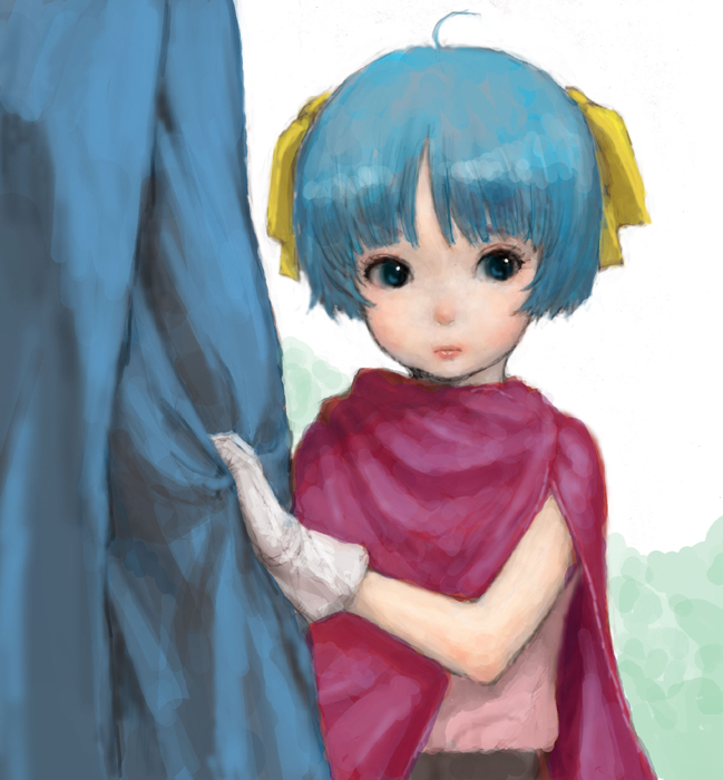 ponsuke (pon00000), hero's daughter (dq5), dragon quest, dragon quest v, bad id, bad pixiv id, 1girl, blue eyes, blue hair, bow, child, gloves, short hair, yellow bow