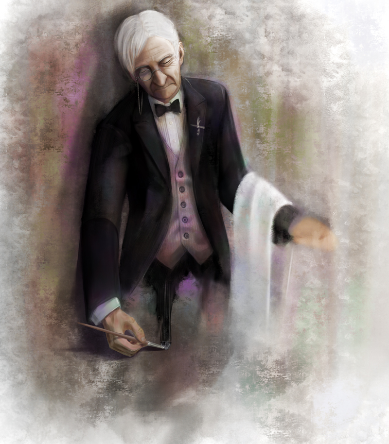 walkalone, original, commentary, 1boy, art brush, bow, bowtie, butler, character drawing themselves, closed eyes, formal clothes, fourth wall, male focus, monocle, monocle chain, old, old man, paintbrush, painting (action), realistic, shirt, solo, suit, traditional bowtie, vest, white hair, white shirt