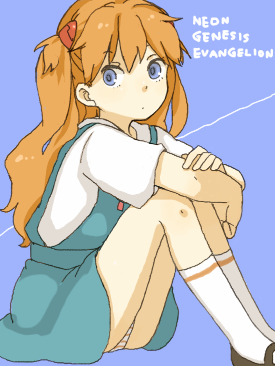 yukke, souryuu asuka langley, neon genesis evangelion, blue eyes, brown hair, hugging own legs, long hair, mary janes, orange hair, panties, pantyshot, school uniform, shoes, simple background, sitting, socks, solo, underwear