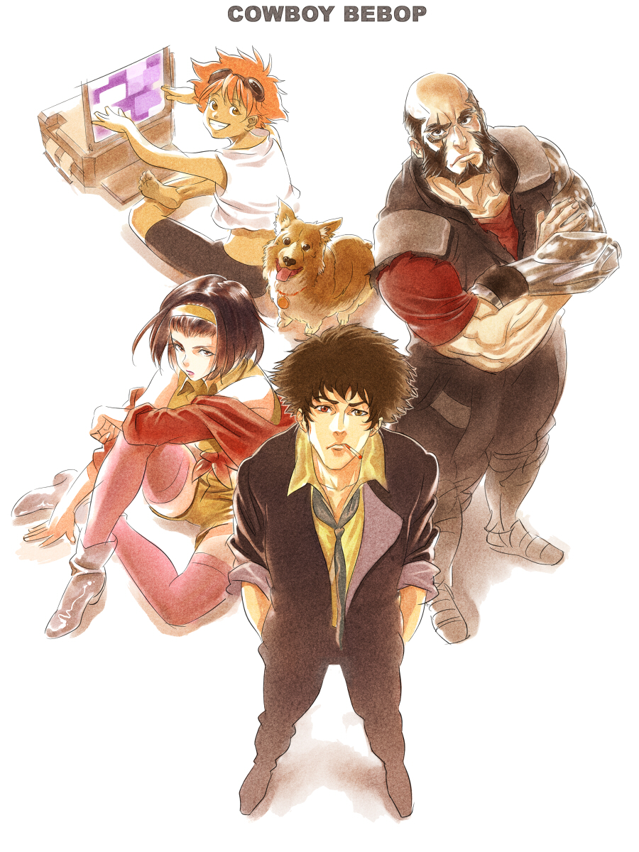 diolemonde, edward wong hau pepelu tivrusky iv, ein (cowboy bebop), faye valentine, jet black, spike spiegel, cowboy bebop, highres, 1990s (style), 2boys, 2girls, androgynous, barefoot, beard, cigarette, dog, everyone, facial hair, goggles, hairband, heterochromia, multiple boys, multiple girls, necktie, retro artstyle, scar, scar across eye, scar on face, single mechanical arm, smoking, thighhighs, welsh corgi