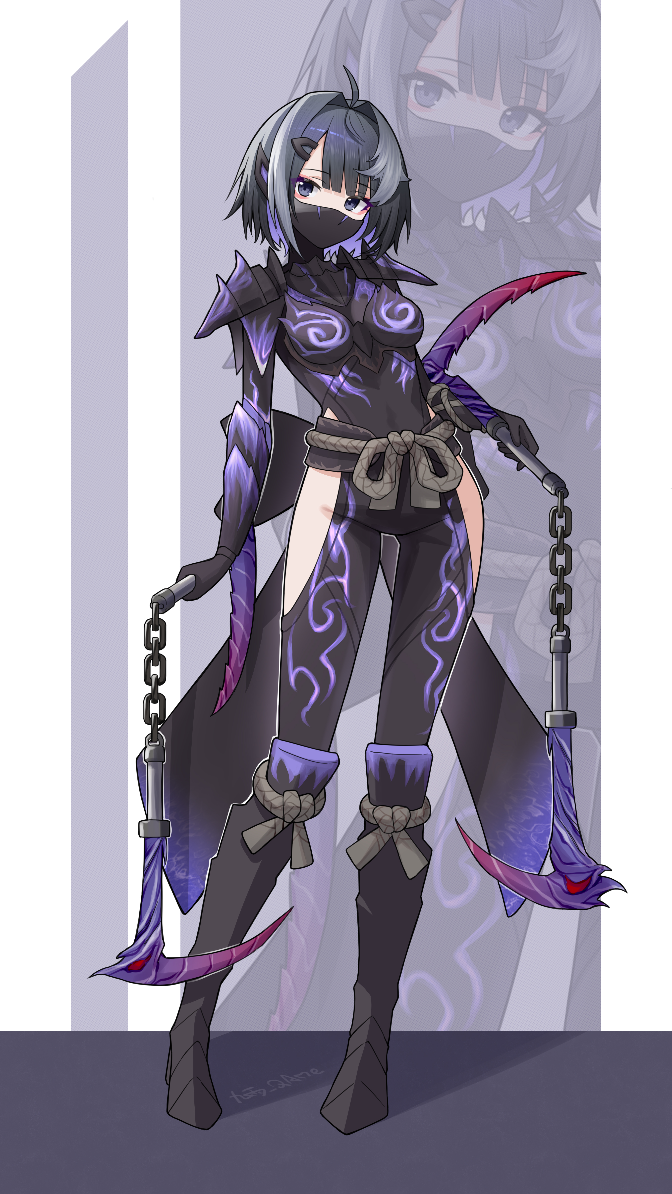 jiuyu qame, la pluma (arknights), arknights, monster hunter (series), absurdres, chinese commentary, commentary request, highres, 1girl, ahoge, alternate costume, armor, armored boots, artist name, black bodysuit, black eyes, black hair, bodysuit, boots, breasts, clothing cutout, covered mouth, full body, groin, hair intakes, hair ornament, hairclip, hip vent, holding, holding weapon, knee boots, mask, medium breasts, mouth mask, ninja mask, rope, rope belt, short hair, shoulder armor, solo, standing, weapon, zoom layer