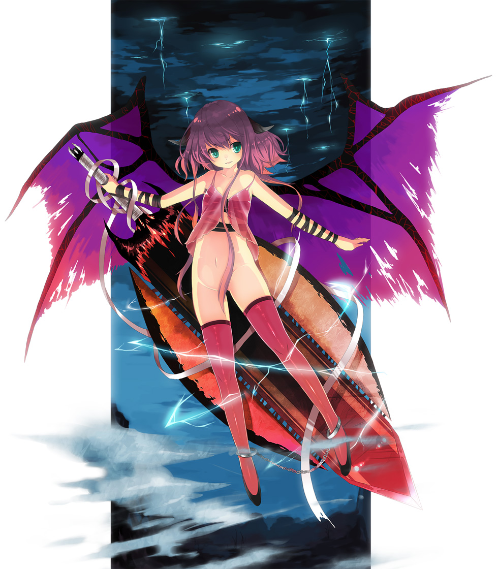 hase neet, original, bad id, bad pixiv id, 1girl, animal ears, aqua eyes, bdsm, bondage, bound, chain, female focus, hair censor, huge weapon, long hair, navel, no panties, purple hair, see-through clothes, solo, sword, thighhighs, weapon, wings