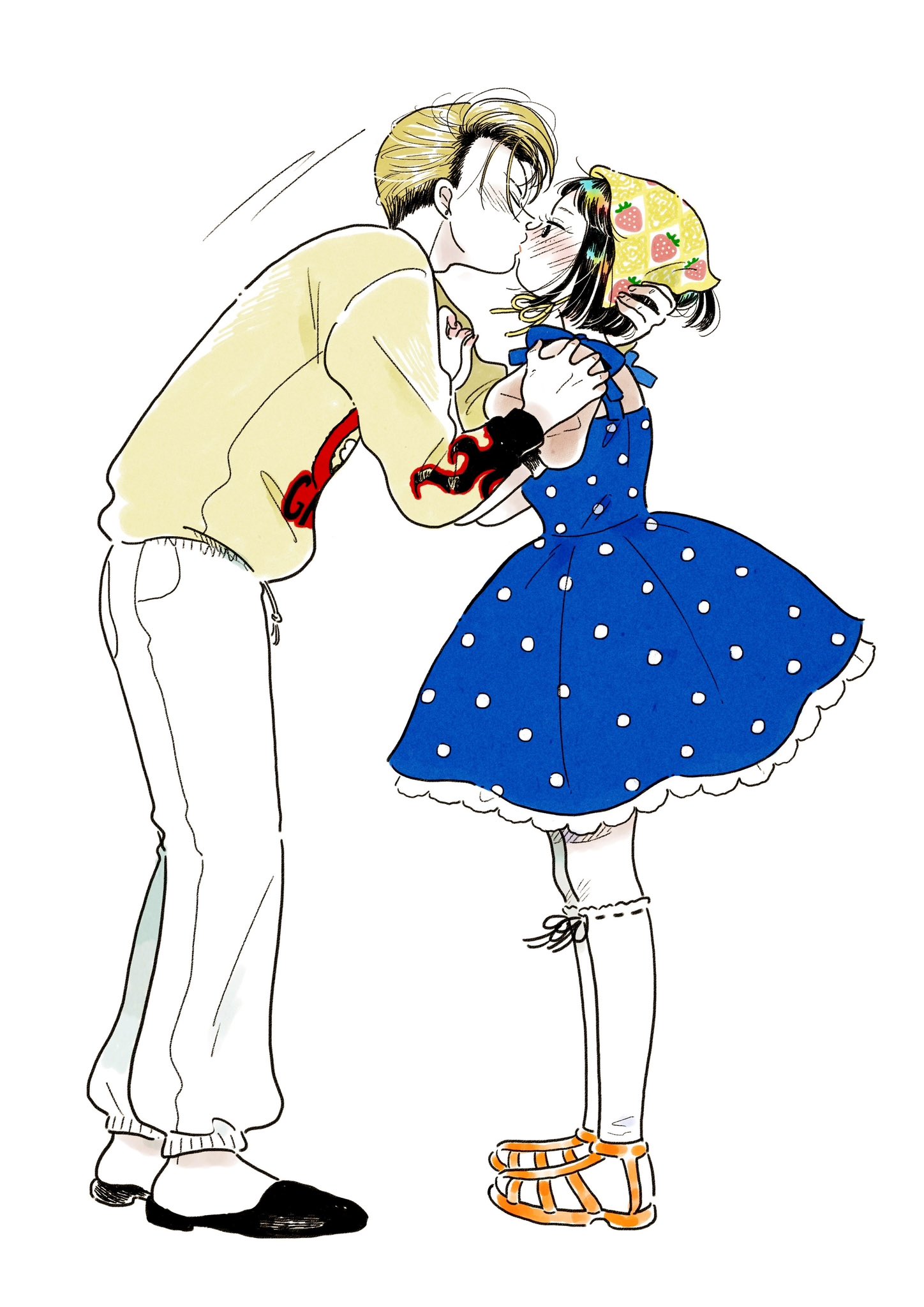 emamemamo33, original, commentary, highres, translated, 1boy, 1girl, bandana, black eyes, black hair, black shoes, blonde hair, blue dress, blush, bob cut, closed eyes, closed mouth, colored skin, dress, flame print, forceful kiss, frilled dress, frills, full body, grabbing another's head, grabbing another's shoulder, holding, iridescent hair, kiss, kneehighs, long sleeves, looking at another, motion lines, pants, polka dot, polka dot dress, pompadour, puffy sleeves, sandals, shoes, short hair, signature, simple background, slippers, socks, speech bubble, sweater, white background, white pants, white skin, yellow shoes