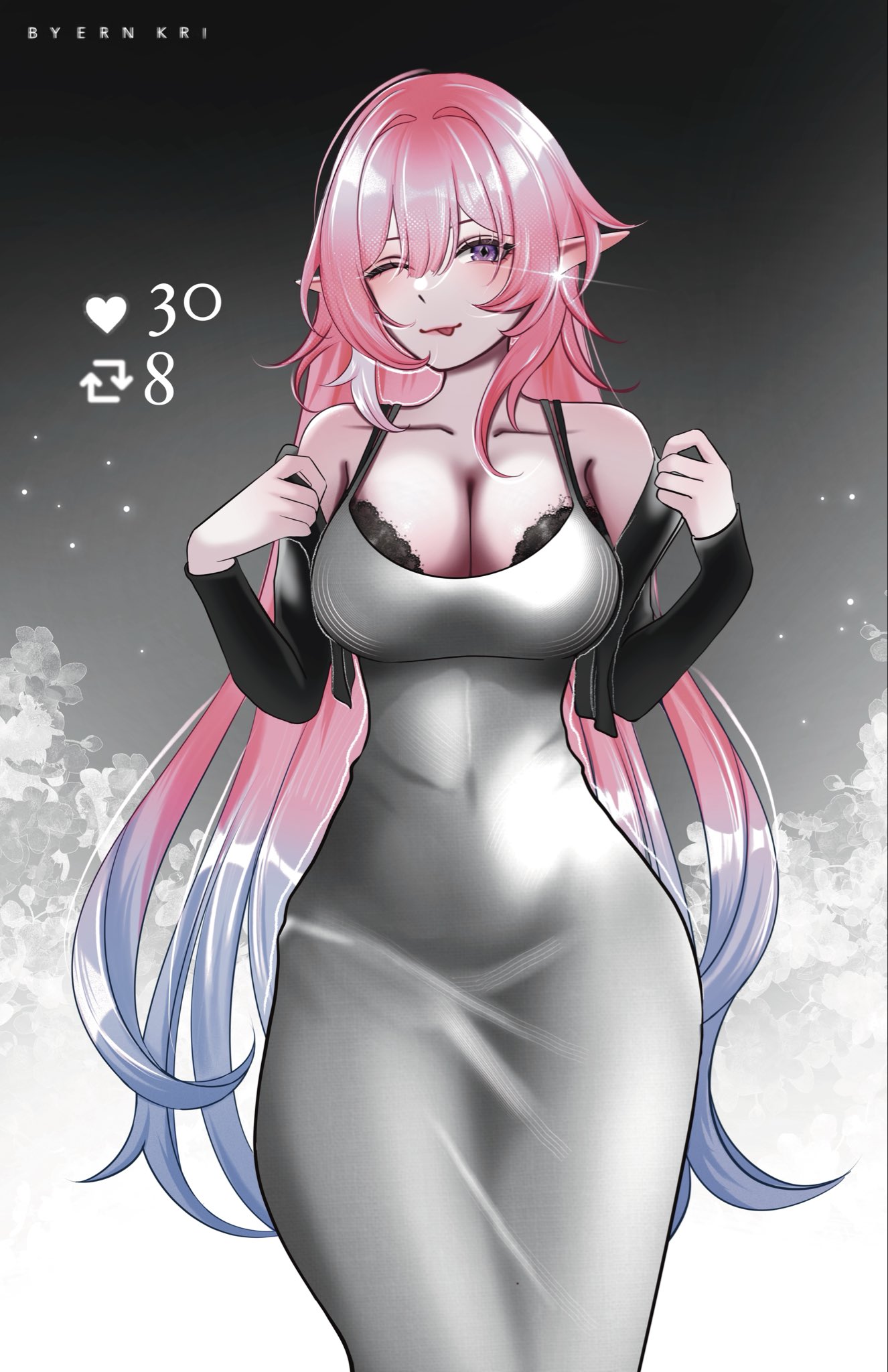 cyrene (honkai: star rail), cyrene (ripples of past reverie) (honkai: star rail), honkai: star rail, honkai (series), hashtag-only commentary, highres, 1girl, ;p, alternate costume, bare shoulders, black bridal gauntlets, bra, bra peek, breasts, bridal gauntlets, cleavage, collarbone, dongtan dress, dress, ern kri, gradient hair, grey hair, large breasts, like and retweet, long hair, looking at viewer, multicolored hair, one eye closed, pink hair, pointy ears, purple dress, purple eyes, solo, tongue, tongue out, two-tone background, two-tone hair, underwear, very long hair