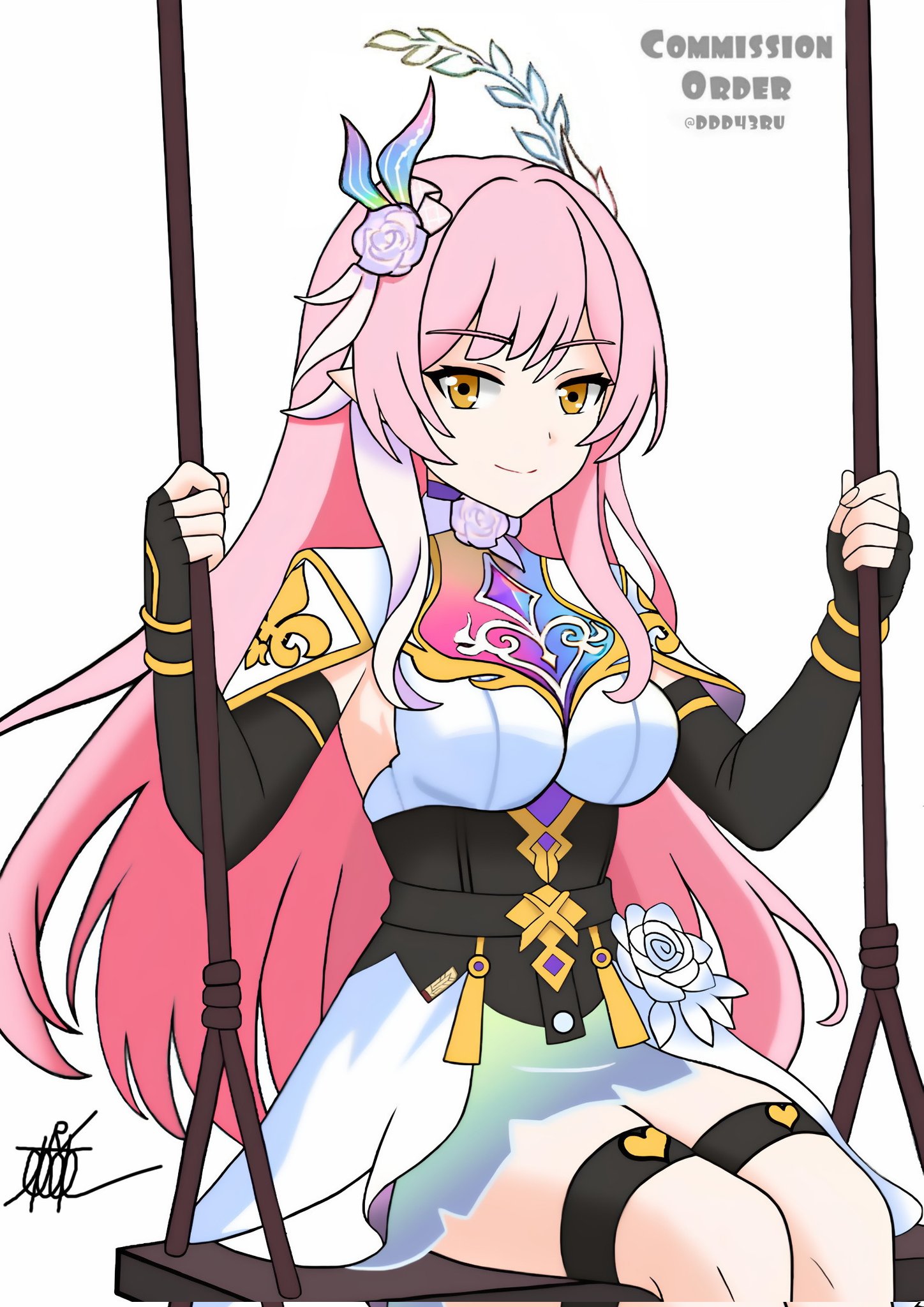 honkai: star rail, honkai (series), original, highres, 1girl, breasts, flower, hair flower, hair ornament, if they mated, large breasts, long hair, looking at viewer, on swing, pink hair, sirudirodriguez, swing, twitter username, yellow eyes