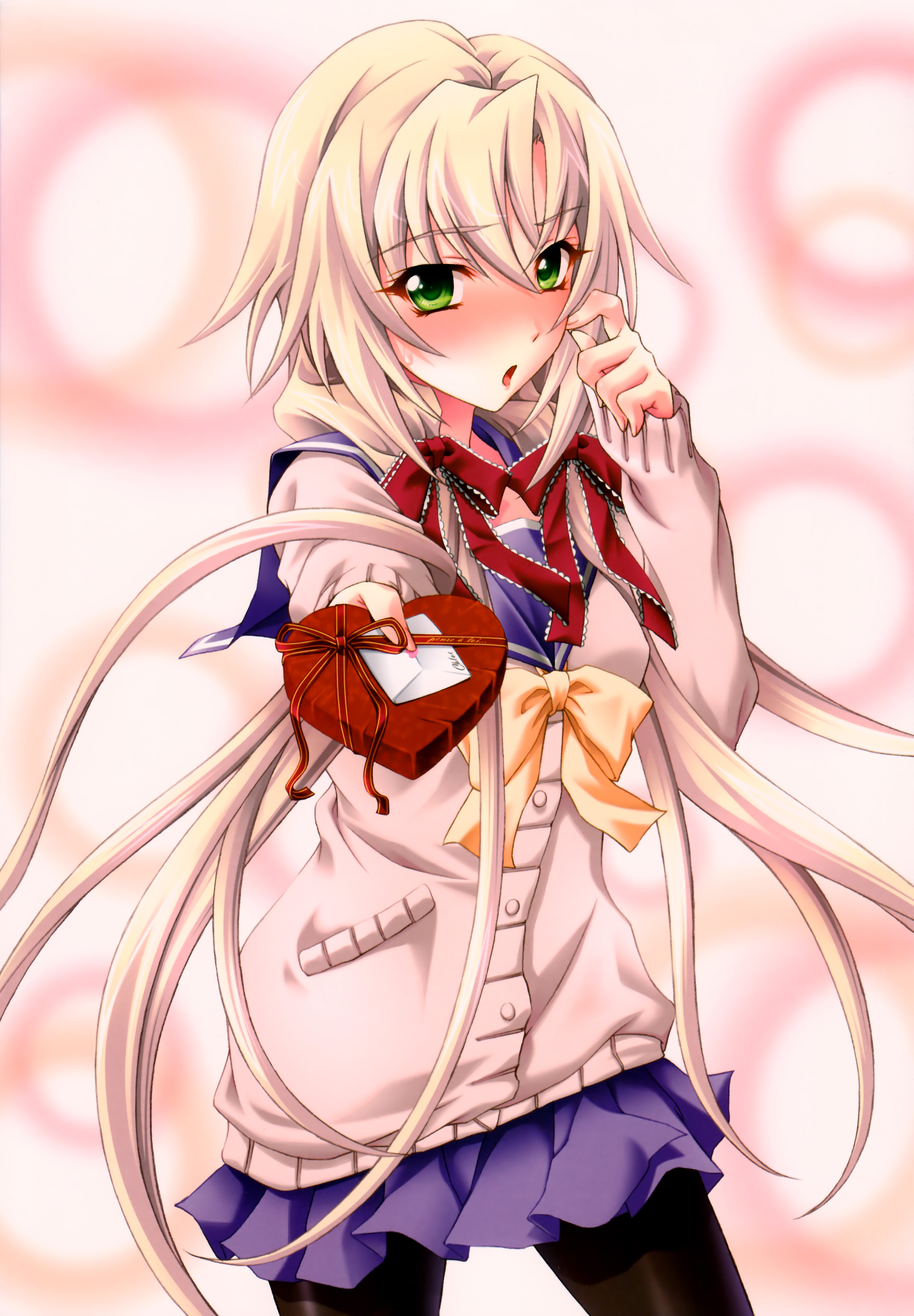 koshimizu takayuki, kagamigawa chloe, 5pb., memories off, memories off 6, absurdres, highres, blonde hair, blush, green eyes, long hair, pantyhose, ribbon, school uniform, twintails, valentine