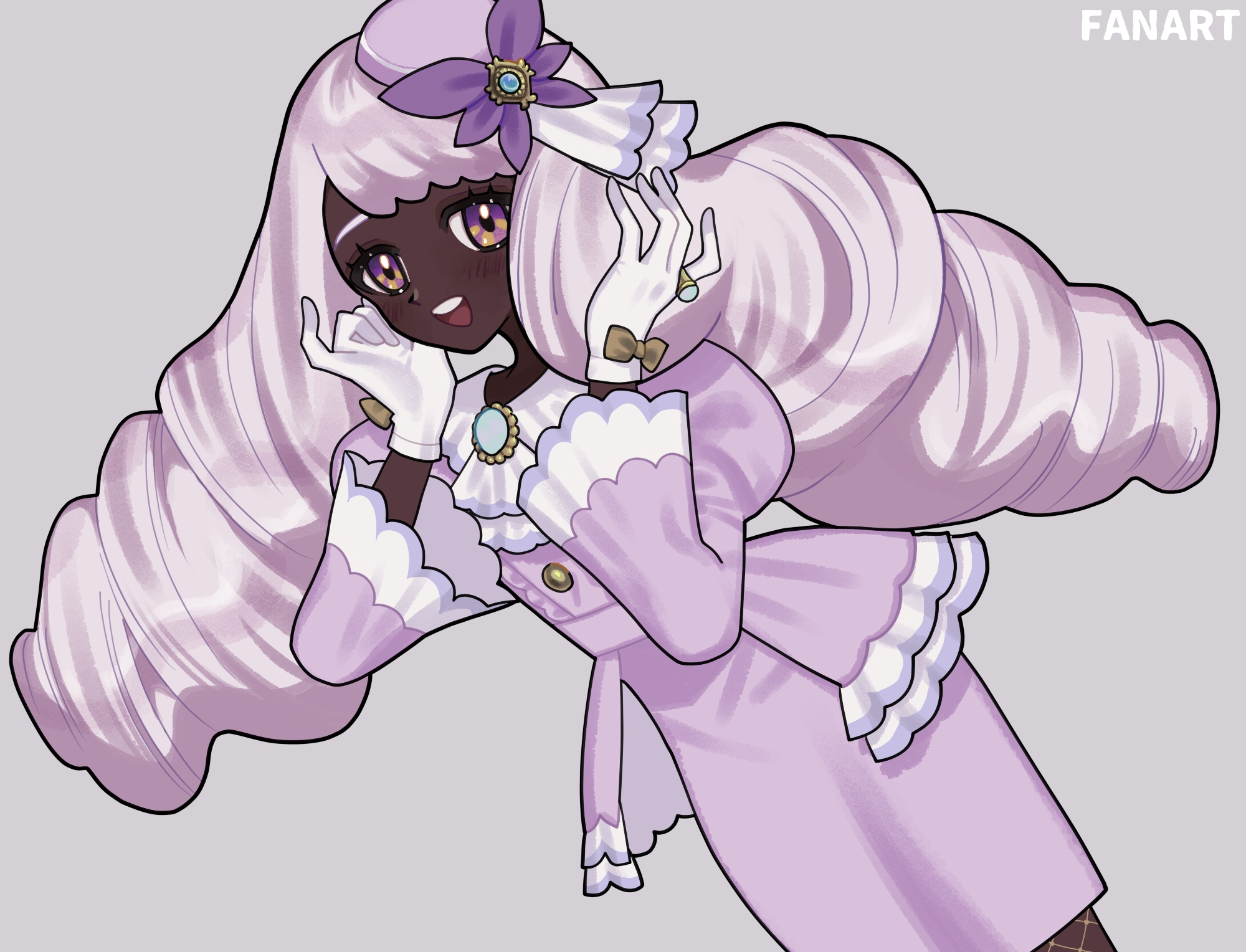 hineya (hineya edsu), jacinthe (pokemon), nintendo, pokemon, pokemon legends: z-a, highres, 1girl, ascot, bow, brooch, cowboy shot, dark-skinned female, dark skin, dress, fascinator, frilled ascot, frills, gem, glove bow, gloves, gold ring, hair ornament, hands up, jewelry, juliet sleeves, light blush, long hair, long sleeves, looking at viewer, low drills, open mouth, puffy sleeves, purple dress, purple eyes, purple hair, smile, solo, very dark skin, white gloves, yellow bow