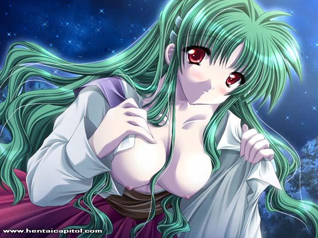 blush, breasts, green hair, japanese clothes, kimono, large breasts, long hair, moonlight, red eyes