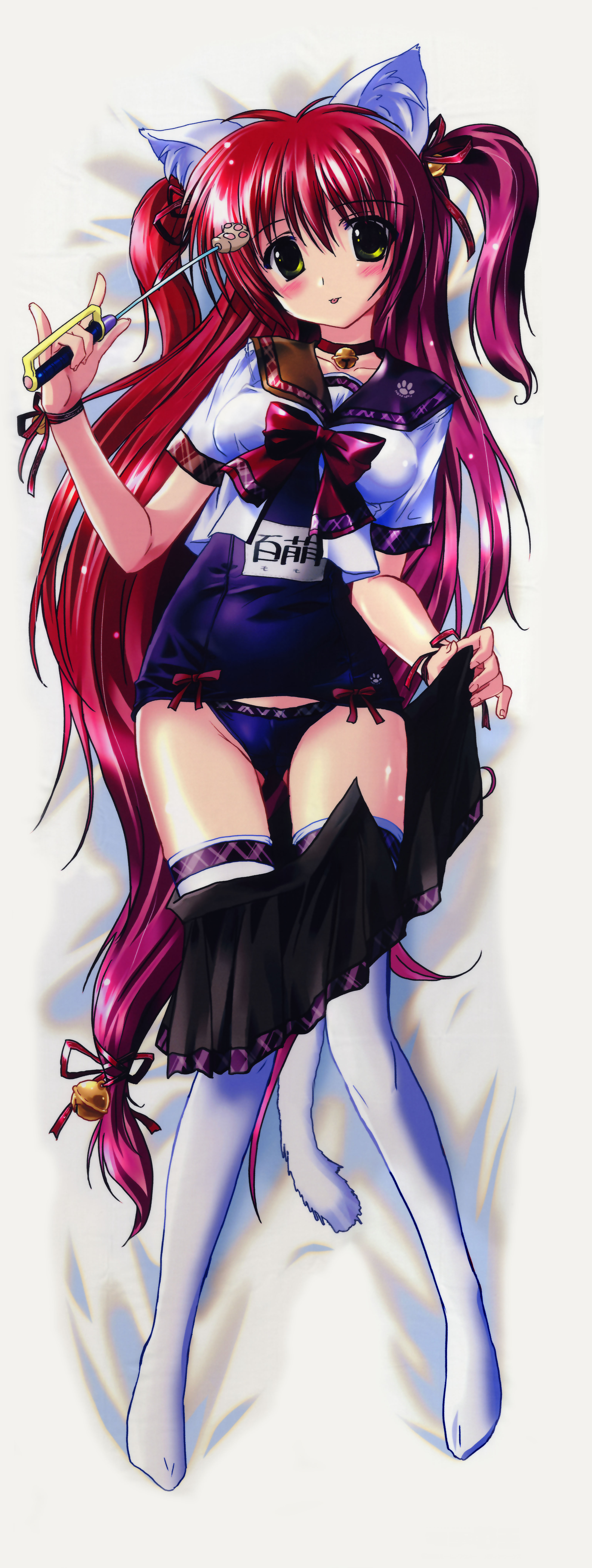 komatsu eiji, original, absurdres, highres, long image, scan, tall image, 1girl, animal ears, clothes pull, dakimakura (medium), female focus, full body, long hair, one-piece swimsuit, open clothes, open shirt, red hair, ribbon, school swimsuit, school swimsuit flap, school uniform, shirt, skirt, skirt pull, solo, swimsuit, swimsuit under clothes, thighhighs, twintails, two side up, undressing