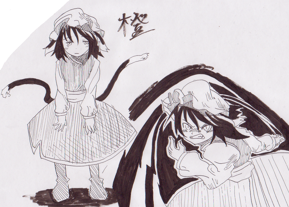 chen, touhou, 1girl, animal ears, brown hair, cat ears, cat girl, cat tail, dress, earrings, female focus, hat, jewelry, monochrome, multiple tails, multiple views, oya130, short hair, tail, twintails