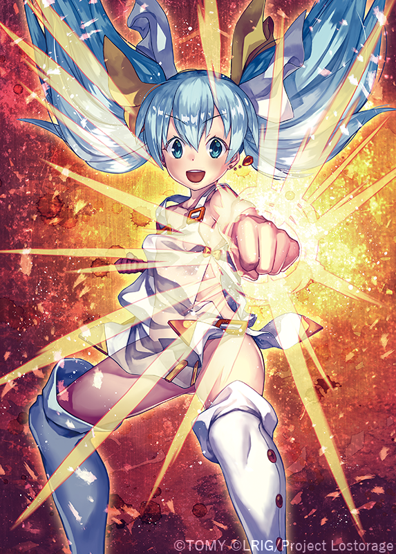 kutori pan'ya, tama (wixoss), wixoss, official art, 1girl, blue eyes, blue hair, boots, copyright notice, dress, earrings, jewelry, long hair, looking at viewer, open mouth, punching, single earring, smile, solo, teeth, thigh boots, twintails, upper teeth only, white boots, white dress