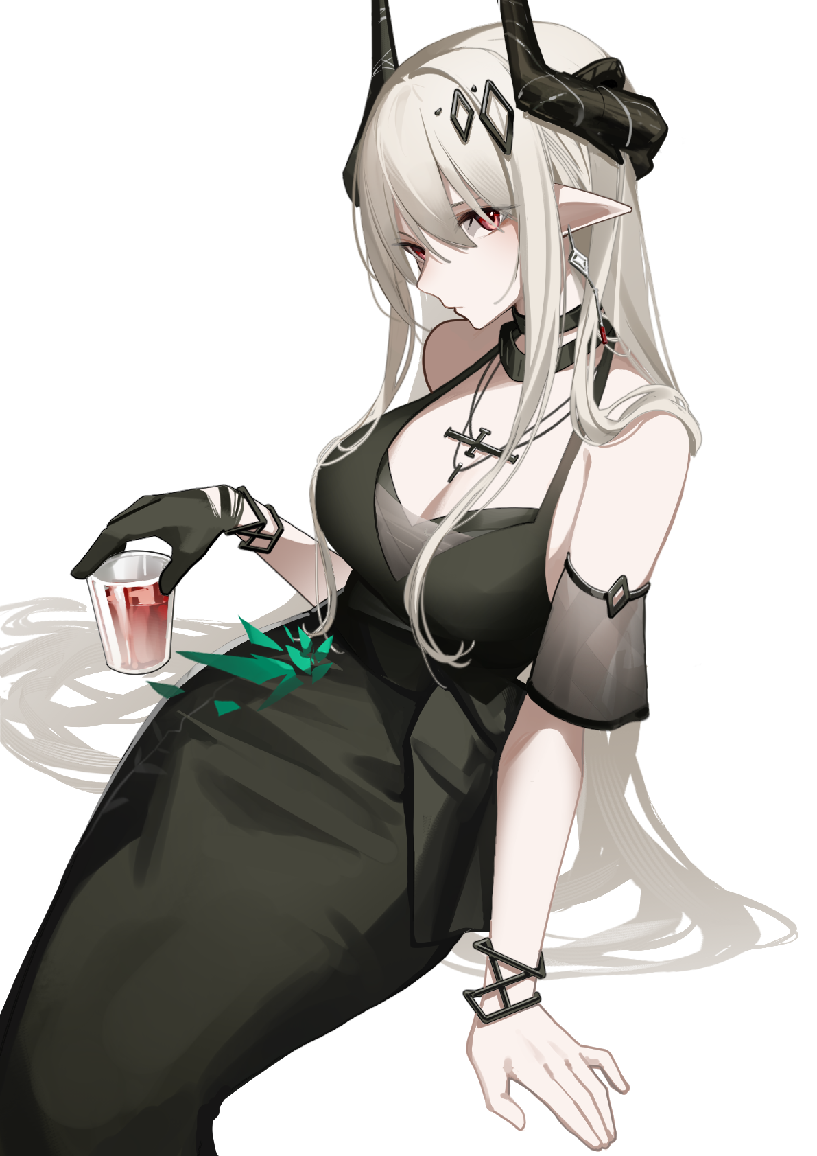 paszuto, mudrock (arknights), mudrock (obsidian) (arknights), ambience synesthesia, arknights, highres, 1girl, bare shoulders, black dress, black gloves, black horns, breasts, cleavage, closed mouth, cup, dress, drink, drinking glass, earrings, feet out of frame, gloves, hair between eyes, halter dress, halterneck, holding, holding drink, horns, jewelry, large breasts, looking at viewer, official alternate costume, pointy ears, profile, red eyes, simple background, single glove, sitting, solo, white background