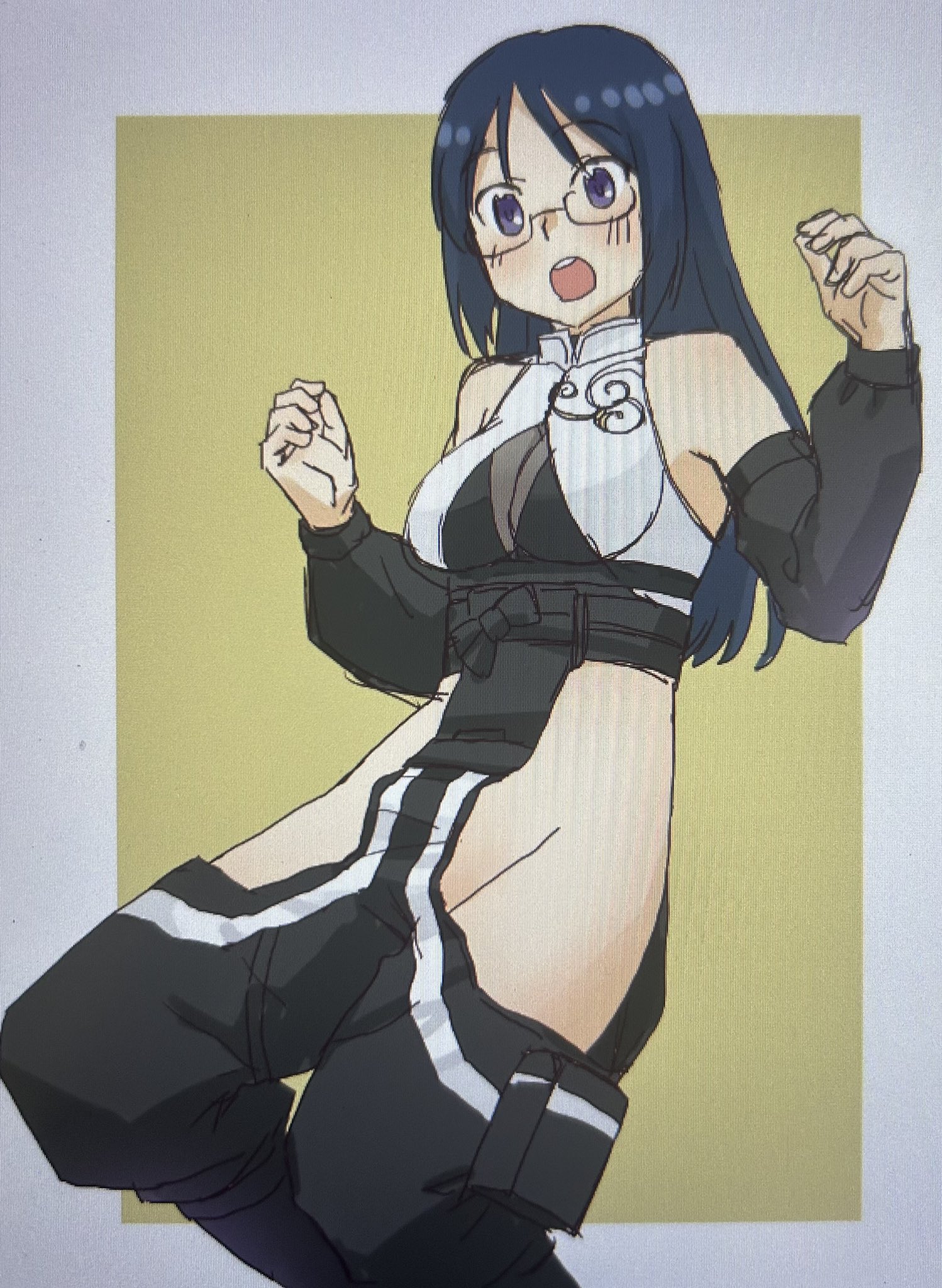 uona telepin, character request, tagme, 1girl, breasts, glasses, groin, medium breasts