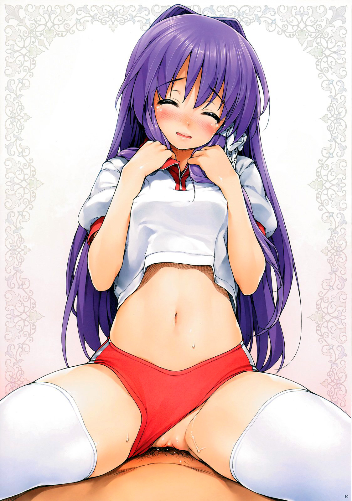 ishikei, fujibayashi kyou, clannad, highres, 00s, 1boy, 1girl, blush, breasts, buruma, buruma aside, closed eyes, clothed sex, clothes lift, clothing aside, covered erect nipples, cowgirl position, cum, full-face blush, girl on top, gradient background, gym uniform, hair intakes, hair ornament, hair ribbon, head tilt, hetero, long hair, male pubic hair, medium breasts, midriff, navel, open mouth, pov, pubic hair, purple hair, pussy, pussy juice, ribbon, school uniform, sex, shirt lift, simple background, solo focus, spread legs, straddling, sweat, tears, thick thighs, thighhighs, thighs, uncensored, vaginal, white background
