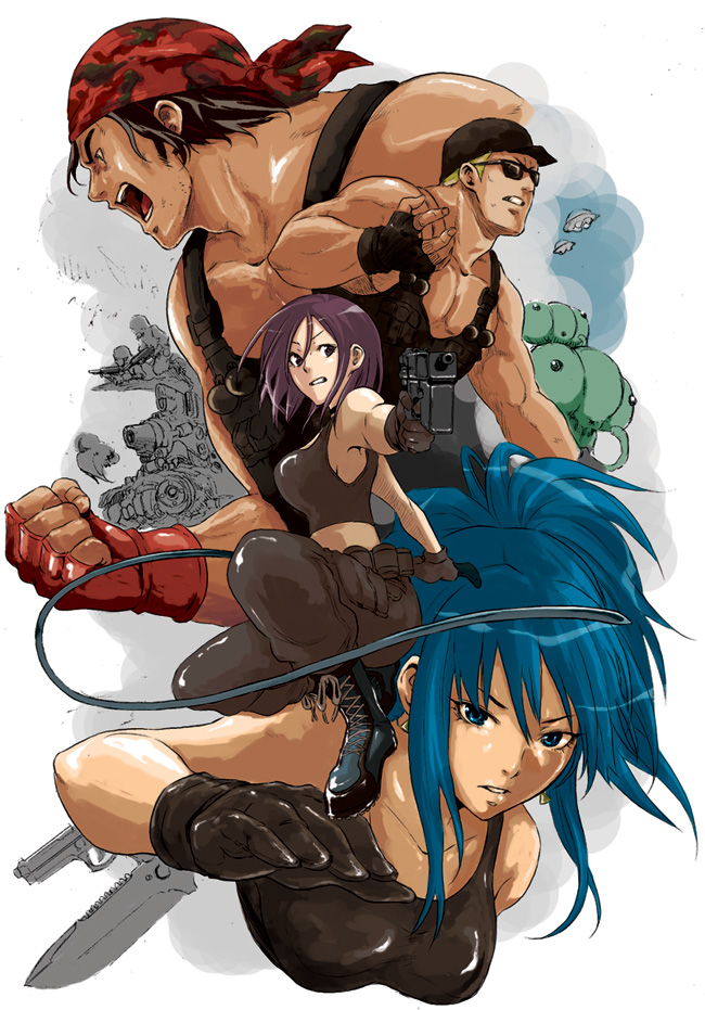 coelacanth (gyotaku), gyotaku, clark still, leona heidern, mars people, ralf jones, whip (kof), metal slug, snk, the king of fighters, vehicle, 2girls, 4boys, alien, bandana, blue eyes, blue hair, boots, crossover, earrings, fingerless gloves, gloves, gun, hat, jewelry, knife, military, military vehicle, motor vehicle, multiple boys, multiple girls, purple eyes, purple hair, sunglasses, sv001 (metal slug), sv001 (metalslug), tank, tank top, weapon, whip