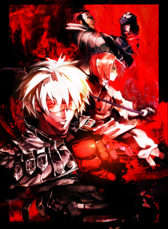 banpai akira, k' (kof), maxima, whip (kof), snk, the king of fighters, bad id, bad pixiv id, 1girl, 2boys, beard, blonde hair, brother and sister, clenched hand, facial hair, from side, gauntlets, goggles, looking at viewer, multiple boys, profile, red eyes, red hair, red theme, short hair, siblings