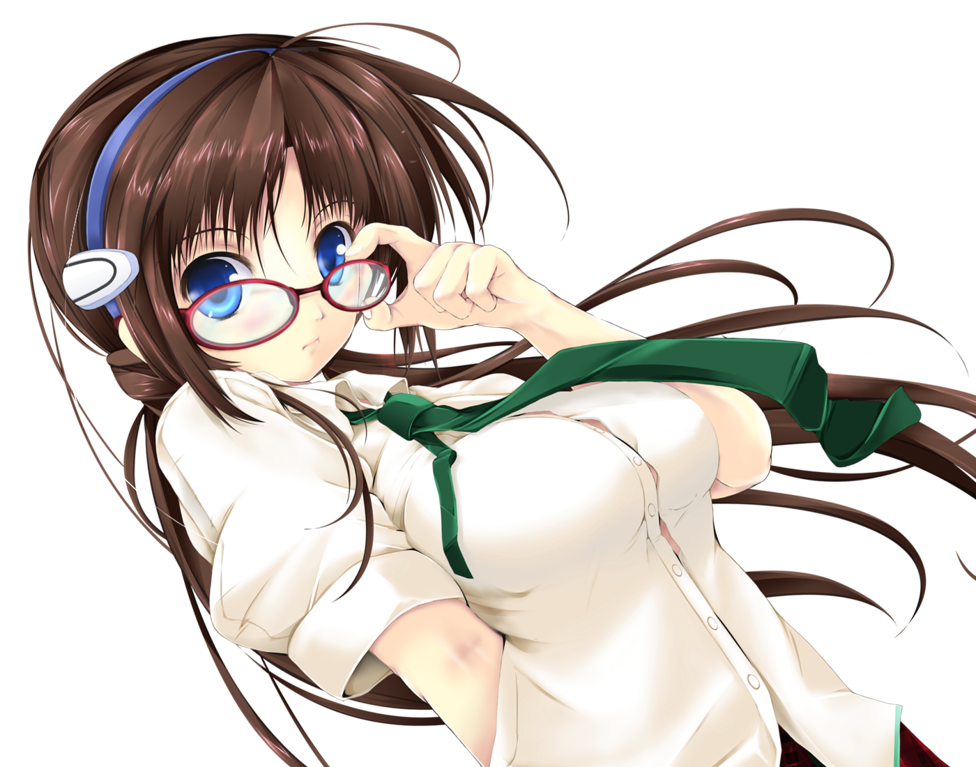 kuon itsuki, makinami mari illustrious, neon genesis evangelion, rebuild of evangelion, bad id, bad pixiv id, 00s, 1girl, adjusting eyewear, arms behind back, blue eyes, breasts, brown hair, female focus, glasses, hairband, large breasts, long hair, necktie, shirt, simple background, solo, white background