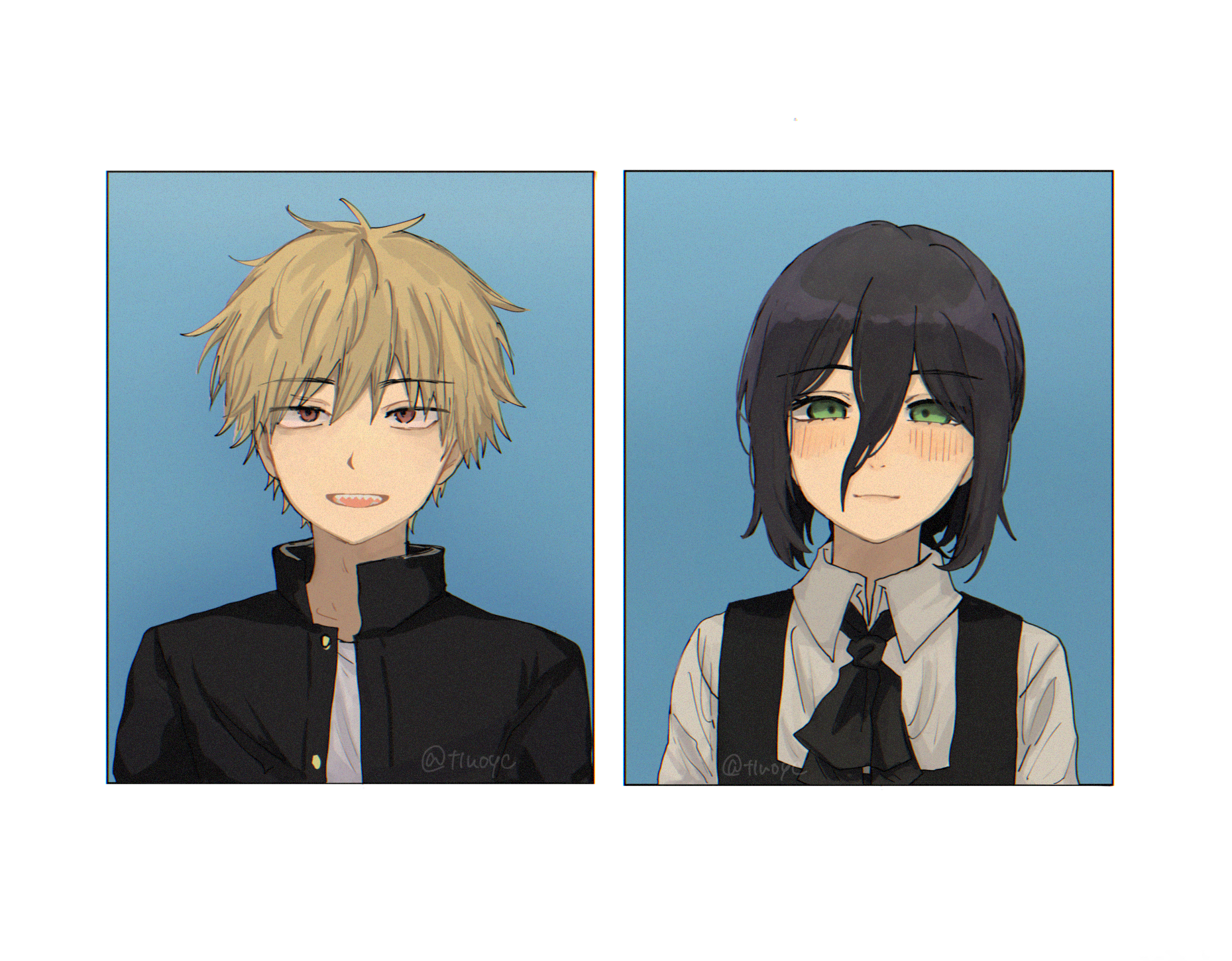 user myjx5854, denji (chainsaw man), reze (chainsaw man), chainsaw man, highres, 1boy, 1girl, black dress, black hair, blonde hair, brown eyes, closed mouth, dress, fourth east high school uniform, gakuran, green eyes, hair between eyes, looking at viewer, open mouth, pinafore dress, school uniform, sharp teeth, short hair, sleeveless, sleeveless dress, teeth