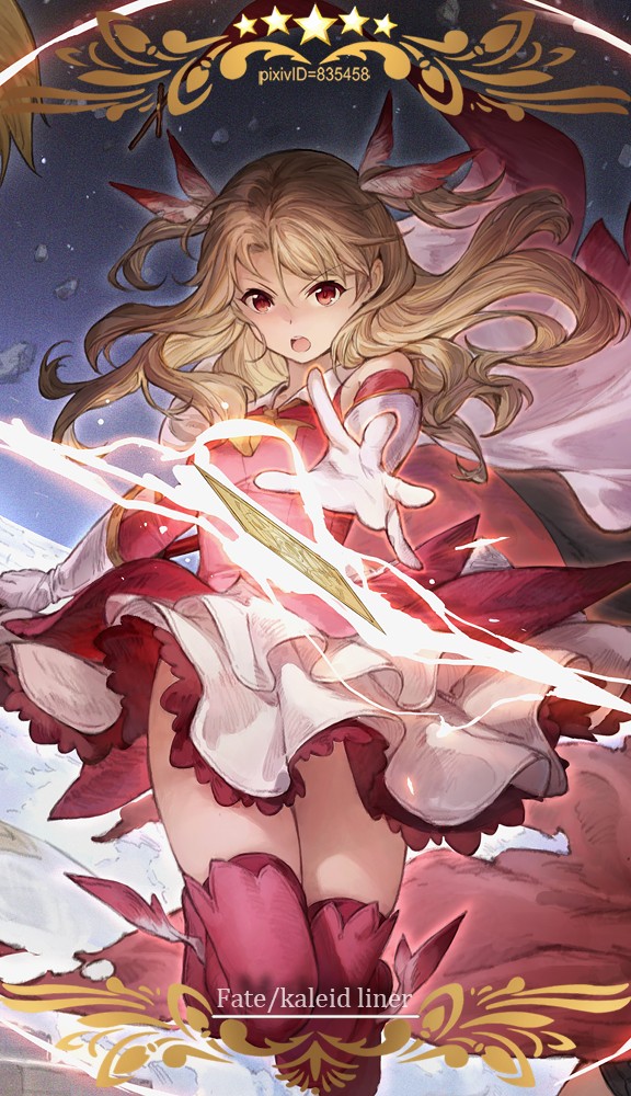 yijian ma, illyasviel von einzbern, prisma illya, fate/grand order, fate/kaleid liner prisma illya, fate (series), chinese commentary, commentary request, 1girl, ascot, blonde hair, boots, breasts, elbow gloves, floating clothes, floating hair, gloves, hair between eyes, hair ribbon, hand up, long hair, looking at viewer, magical girl, open mouth, pink boots, pink shirt, red eyes, ribbon, sailor collar, shirt, skirt, sleeveless, sleeveless shirt, small breasts, solo, star (symbol), teeth, thigh boots, v-shaped eyebrows, wavy hair, white gloves, white ribbon, white skirt, yellow ascot