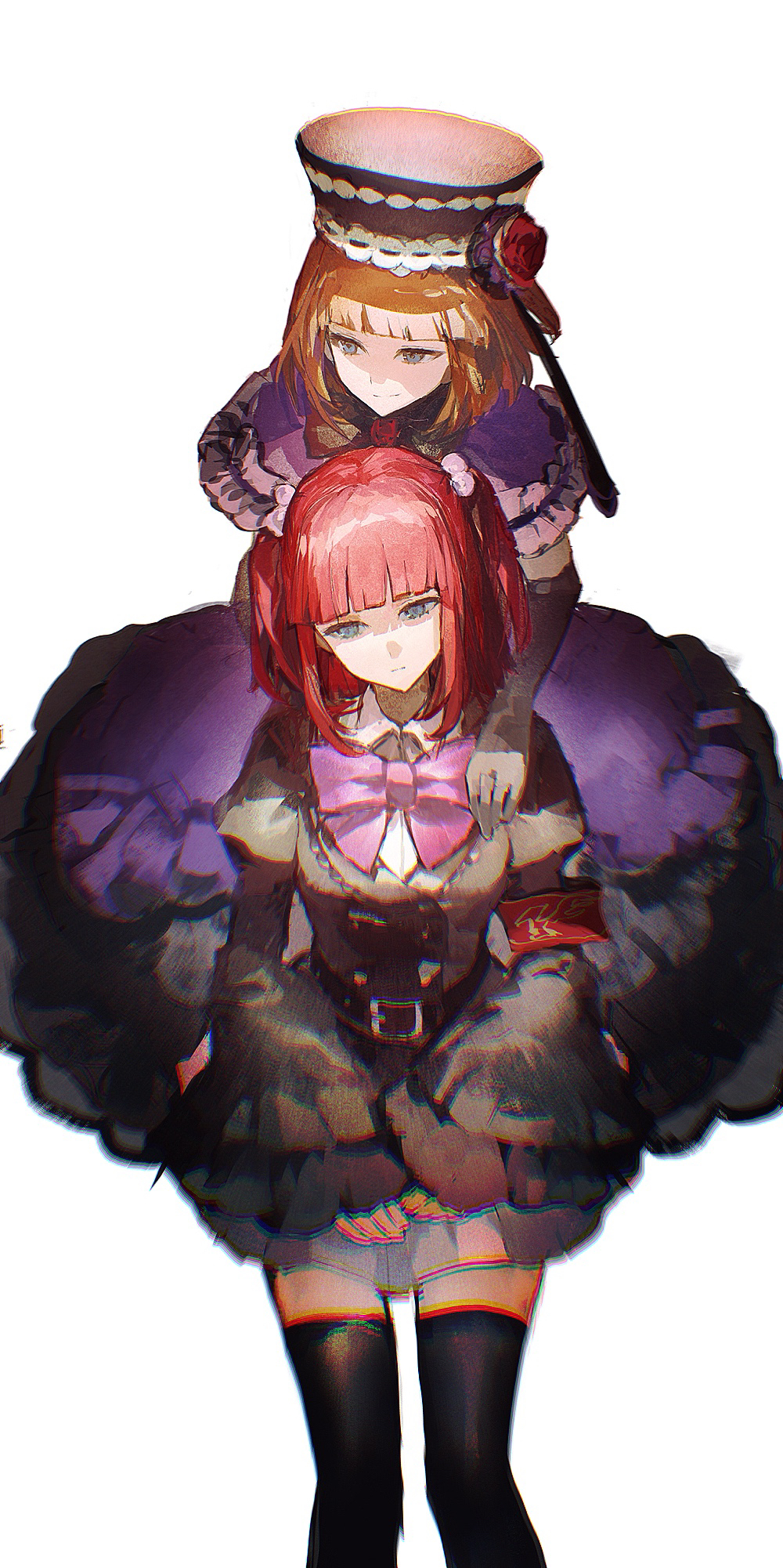 lobelia (saclia), eva beatrice, ushiromiya ange, umineko no naku koro ni, highres, 2girls, beads, belt, black belt, black bow, black bowtie, black gloves, black hat, black jacket, black thighhighs, blue eyes, blunt bangs, bow, bowtie, capelet, elbow gloves, feet out of frame, flower, frilled capelet, frilled sleeves, frills, gloves, hair beads, hair ornament, hands on another's shoulders, hat, hat flower, hat ribbon, head tilt, jacket, looking to the side, multiple girls, orange hair, pink bow, pink bowtie, puffy sleeves, purple capelet, red flower, red hair, red rose, ribbon, ribbon-trimmed capelet, ribbon-trimmed headwear, ribbon trim, rose, shirt, sitting, skirt, sleeves past wrists, thighhighs, twintails, white background, white shirt, white skirt, wide sleeves