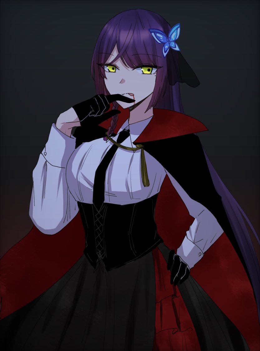 nigari (ngari 0115), funada kiito, assault lily, commentary, 1girl, black cloak, black gloves, black necktie, black ribbon, black skirt, blood, blood in mouth, blood on face, braid, breasts, butterfly hair ornament, cloak, closed mouth, collared shirt, corset, cowboy shot, frilled skirt, frills, gloves, gradient background, green eyes, grey background, hair ornament, hair ribbon, half gloves, halloween costume, hand on own hip, hand to own mouth, large breasts, long hair, long sleeves, looking at viewer, mole, mole under eye, necktie, purple hair, red cloak, ribbon, shirt, side braid, single braid, skirt, solo, standing, tongue, tongue out, two-sided cloak, two-sided fabric, underbust, vampire costume, white shirt