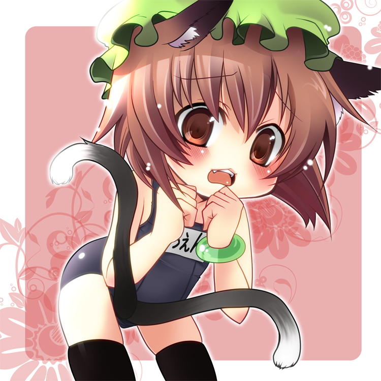 yukiji shia, chen, touhou, 1girl, animal ears, brown hair, cat ears, cat girl, cat tail, female focus, multiple tails, short hair, solo, swimsuit, tail, twintails