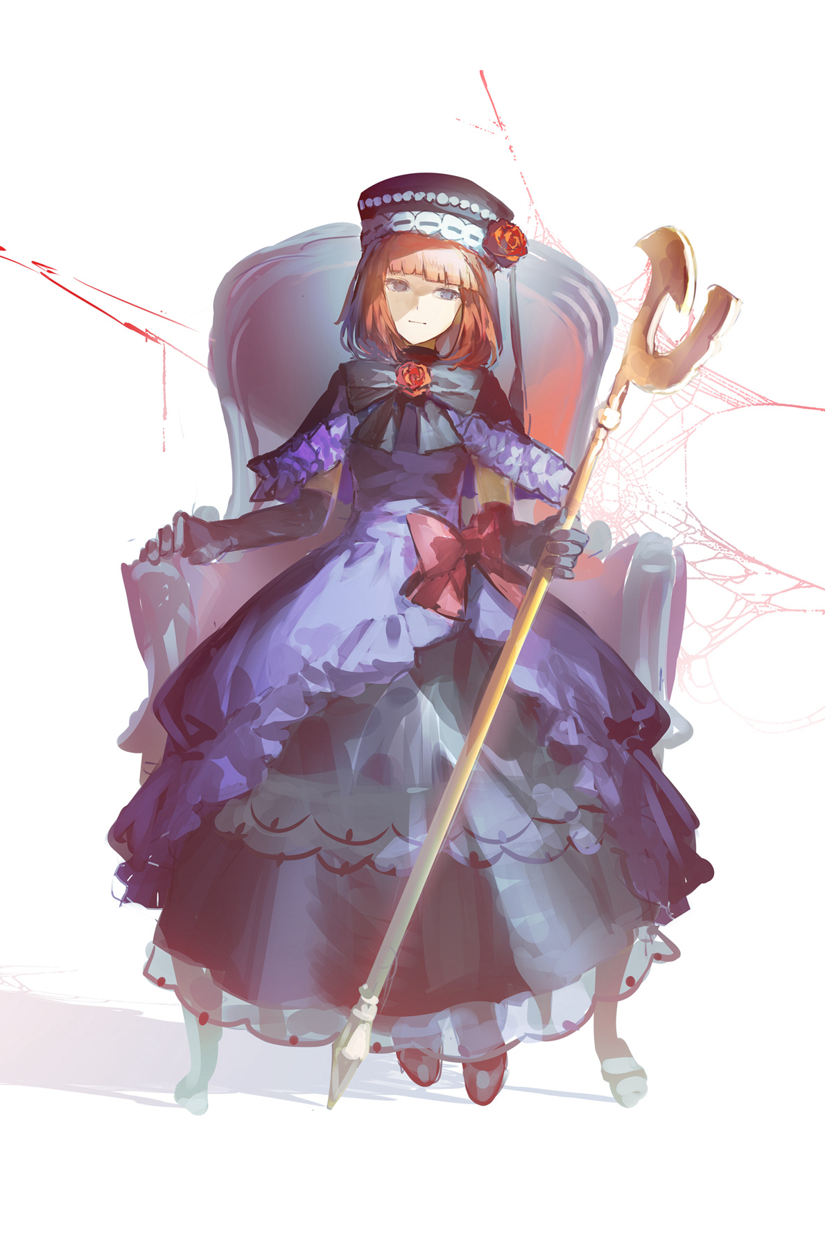 lobelia (saclia), eva beatrice, umineko no naku koro ni, highres, 1girl, :|, black bow, black bowtie, black dress, black gloves, black shoes, blue eyes, blunt bangs, bob cut, bow, bowtie, capelet, closed mouth, dress, dress bow, elbow gloves, empty eyes, expressionless, flower, frilled capelet, frilled dress, frills, full body, gloves, hat, hat flower, head tilt, holding, holding staff, no pupils, purple capelet, purple dress, red bow, red flower, red rose, rose, shoes, silk, sitting, solo, spider web, staff, two-tone dress