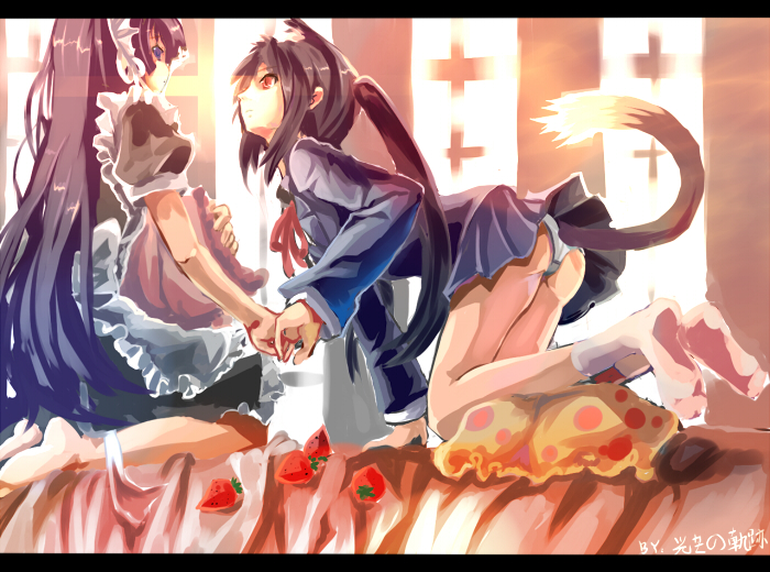 hikariz, akiyama mio, nakano azusa, k-on!, 00s, 2girls, all fours, alternate costume, animal ears, ass, bed, black hair, blue eyes, brown eyes, cat ears, cat tail, enmaided, food, fruit, kneeling, letterboxed, long hair, maid, multiple girls, panties, pillow, school uniform, strawberry, tail, twintails, underwear
