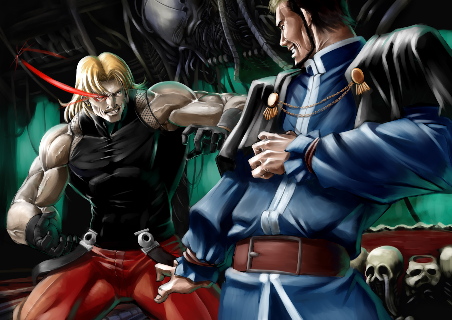 munokojp, goenitz, omega rugal, rugal bernstein, snk, the king of fighters, uniform, 2boys, battle, blonde hair, gloves, glowing, glowing eye, male focus, manly, multicolored hair, multiple boys, muscular, one-eyed, skull, two-tone hair