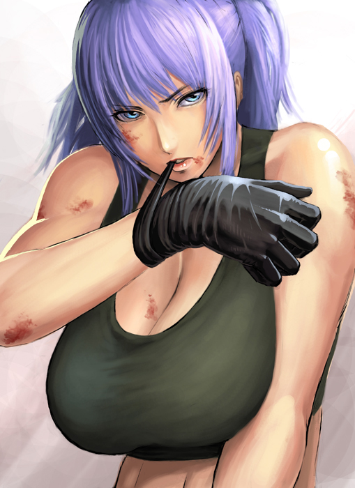 kurohardt, leona heidern, snk, the king of fighters, 1girl, bare shoulders, blood, blue eyes, breasts, cleavage, female focus, gloves, huge breasts, large breasts, long hair, mouth hold, ponytail, purple hair, solo, tank top