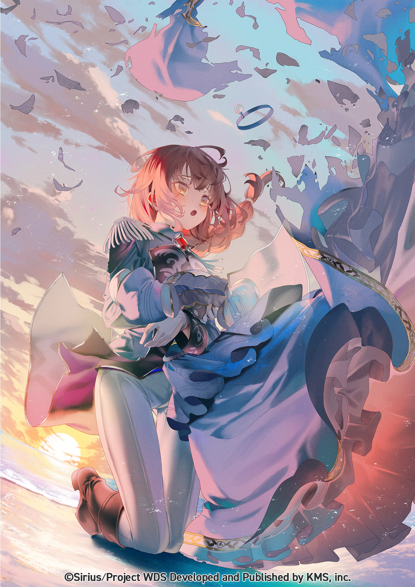 saraki, ootori kokona, world dai star, highres, official art, 1girl, animal, bird, braid, cloud, holding, holding animal, long sleeves, open mouth, outdoors, seagull, short hair, sky, solo, unworn headwear, watermark