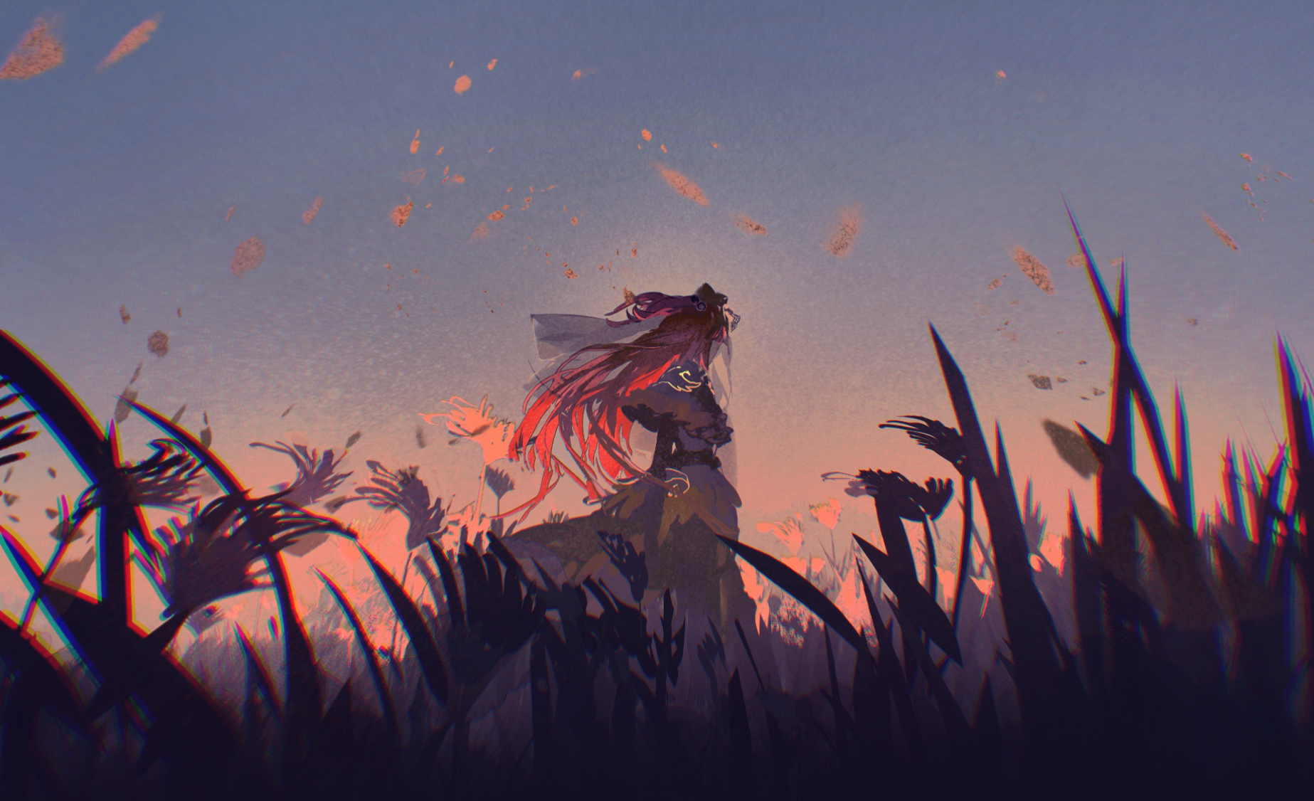 lobelia (saclia), ushiromiya ange, umineko no naku koro ni, highres, 1girl, capelet, dress, facing away, feet out of frame, floating clothes, floating hair, frilled capelet, frills, from side, red hair, see-through clothes, see-through veil, solo, sunset, twintails, veil, wheat field