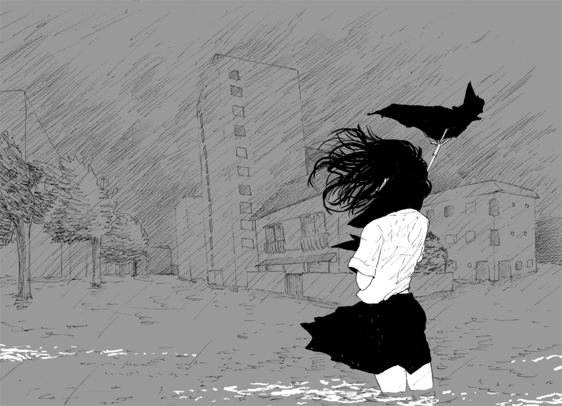 andou ikori, icori, original, building, greyscale, monochrome, outdoors, rain, school uniform, see-through clothes, serafuku, shirt, solo, tree, umbrella, wading, water, wet, wet clothes, wet shirt, wind