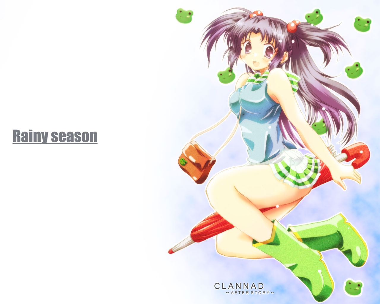 tamaki (diarie inaiinaibaa), ichinose kotomi, clannad, 00s, 1girl, bag, boots, casual, english text, female focus, frog, hair bobbles, hair ornament, handbag, hood, hoodie, jumping, long hair, purple eyes, purple hair, solo, twintails, two side up, umbrella