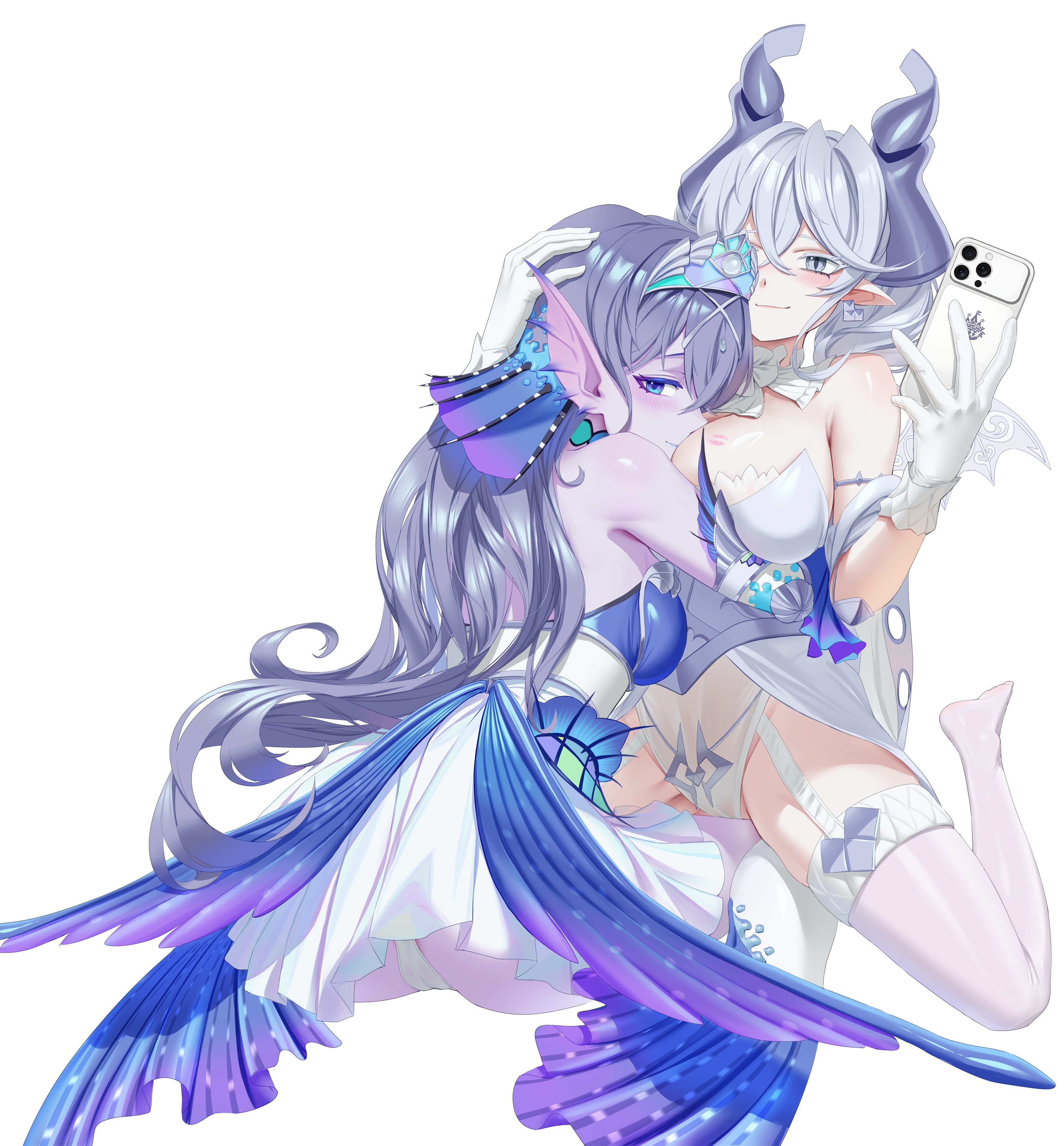 rare lemon, kitkallos (yu-gi-oh!), lovely labrynth of the silver castle, tearlaments kitkallos, yu-gi-oh!, absurdres, highres, 2girls, bare shoulders, blush, breasts, cellphone, cleavage, colored skin, demon girl, demon horns, dress, drill hair, duel monster, face to breasts, full body, garter straps, gloves, grey hair, hair between eyes, holding, holding phone, horns, large breasts, lipstick mark, lipstick mark on breast, long hair, multiple girls, phone, pointy ears, purple skin, silver tiara, simple background, smartphone, smile, strapless, strapless dress, thighhighs, twin drills, white background, white dress, white gloves, white thighhighs, yuri