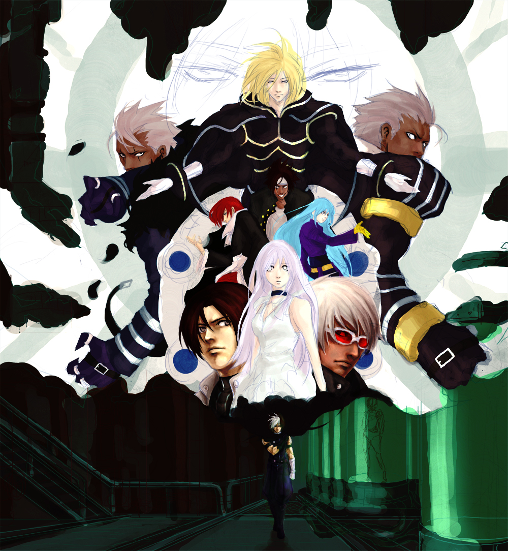 evilgun, igniz (kof), isolde (kof), k' (kof), k9999, krizalid, kula diamond, kusanagi (clone), kusanagi kyou, nameless, nameless (kof), original zero, yagami iori, snk, the king of fighters, uniform, 2girls, 6+boys, armor, blonde hair, blue eyes, blush, breastplate, brown hair, closed mouth, dark skin, light smile, long hair, looking at viewer, multiple boys, multiple girls, pink hair, sketch, very long hair