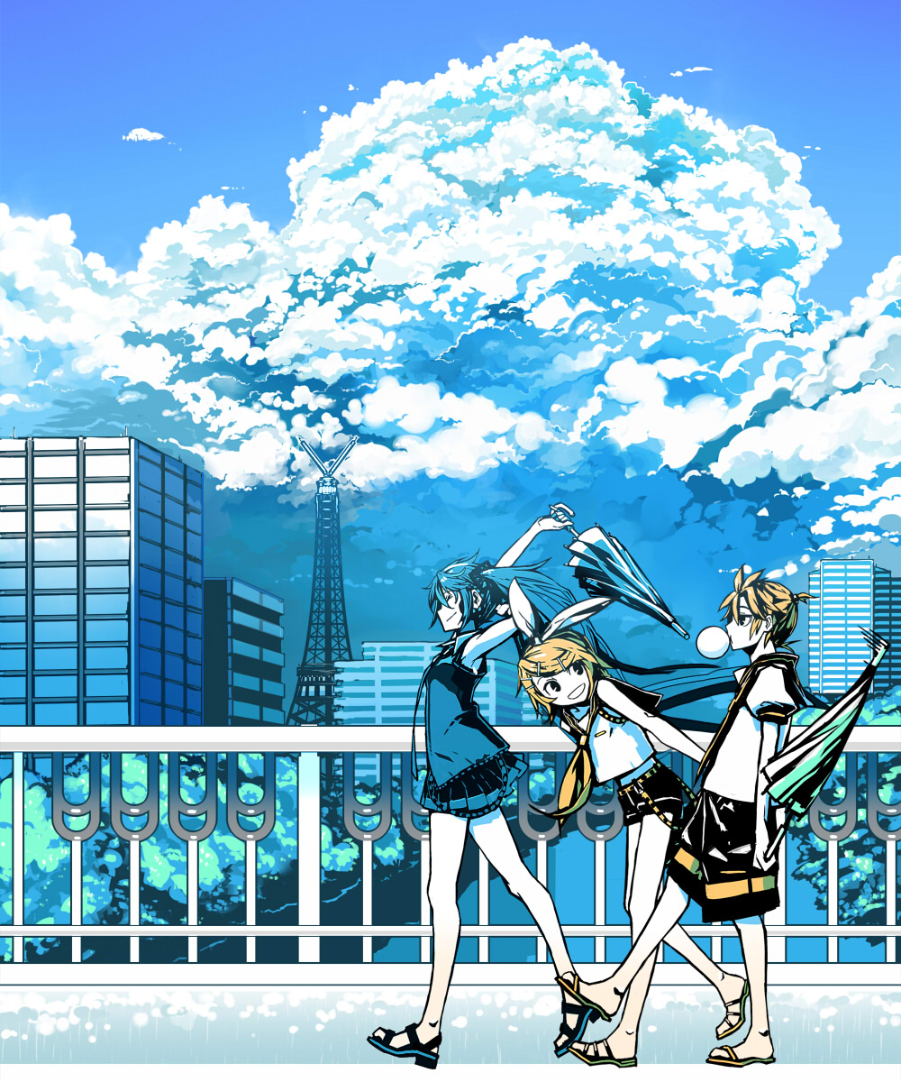 kahadu (kawazu), hatsune miku, kagamine len, kagamine rin, vocaloid, highres, 1boy, 2girls, blonde hair, blowing bubble gum, blowing bubbles, blue hair, building, chewing gum, city, closed umbrella, cloud, day, legs, multiple girls, sandals, sky, umbrella, walking