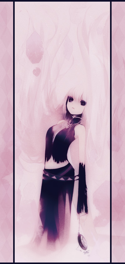 puti devil, megurine luka, vocaloid, tagme, long hair, pink hair, pink theme, purple eyes, solo
