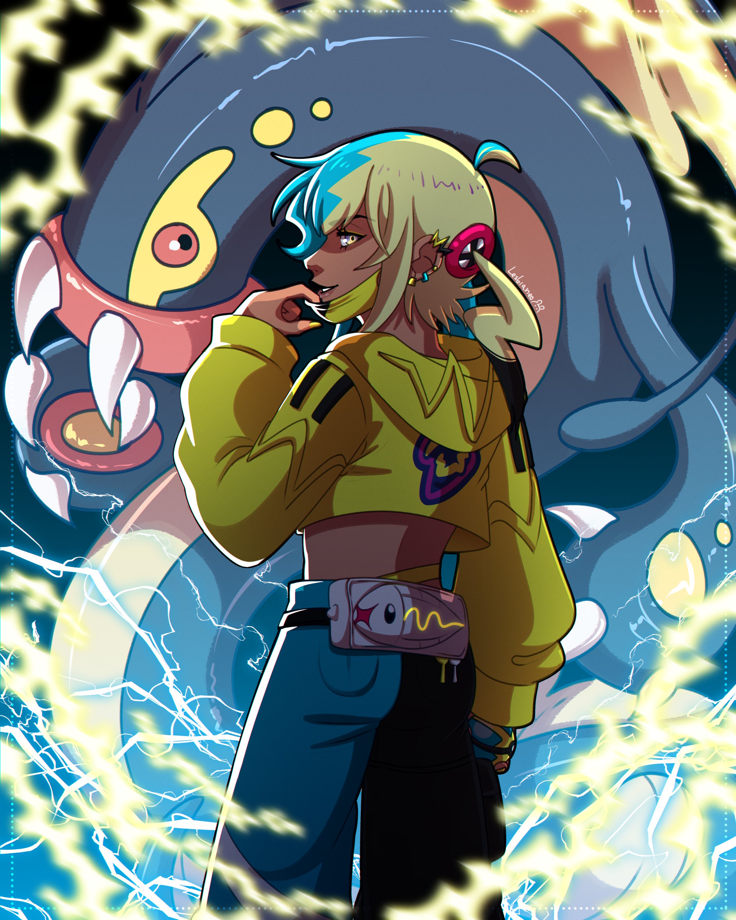 tempusumbra, canari (pokemon), eelektross, nintendo, pokemon, pokemon legends: z-a, absurdres, highres, 1girl, aqua hair, belt bag, black mask, blonde hair, blue pants, claws, colored sclera, dark skin, earrings, eel, electricity, fangs, fish, from behind, gen 5 pokemon, hood, hood down, hooded jacket, jacket, jewelry, lamprey, long sleeves, looking at viewer, mask, mask pull, mouth mask, multicolored hair, open mouth, pants, pokemon (creature), red eyes, red sclera, short twintails, smile, split-color hair, twintails, two-tone hair, two-tone mask, two-tone pants, yellow eyes, yellow jacket, yellow mask