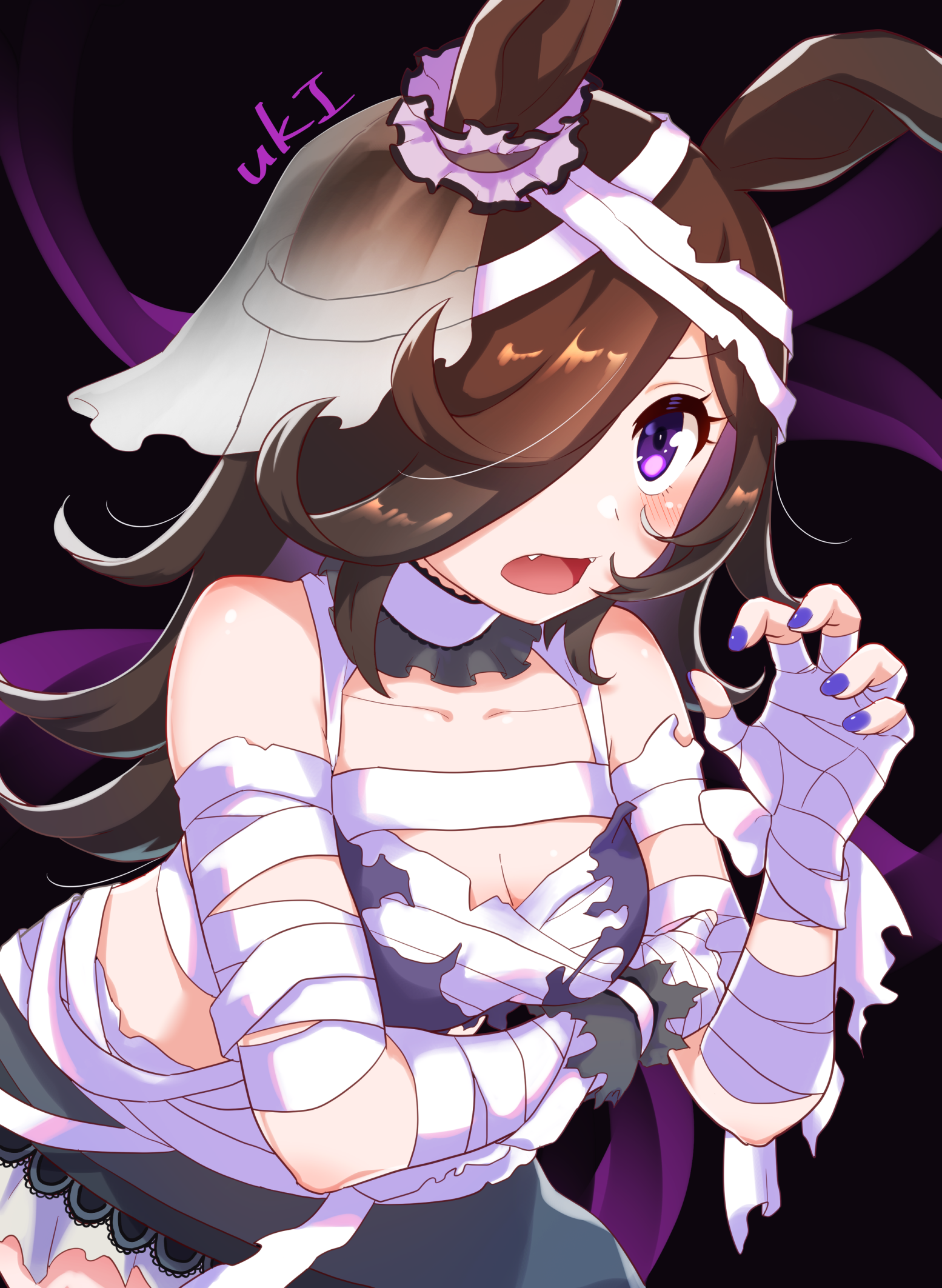 neru ika, rice shower (umamusume), super creek (chiffon ribbon mummy) (umamusume), super creek (umamusume), umamusume, commentary request, highres, 1girl, animal ears, bandage on hair, bandaged arm, bandaged hand, bandaged head, bandaged torso, bandages, bandeau, bare shoulders, black background, blue nails, blush, breasts, brown hair, cleavage, collarbone, cosplay, ear scrunchie, fangs, grey skirt, hair over one eye, halloween, halloween costume, horse ears, horse girl, long hair, looking at viewer, medium breasts, mummy costume, official alternate costume, open mouth, purple bandeau, purple eyes, skirt, solo, super creek (umamusume) (cosplay), torn bandeau