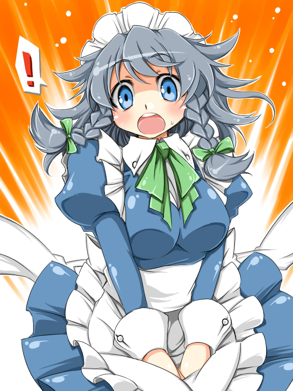 tajima yuuki, izayoi sakuya, touhou, silver hair, !, 1girl, apron, blue eyes, braid, breasts, female focus, gradient background, hairband, maid, maid apron, short hair, solo, twin braids, white background