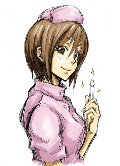 coelacanth (gyotaku), gyotaku, whip (kof), snk, the king of fighters, 1girl, brown eyes, brown hair, female focus, nurse, short hair, solo