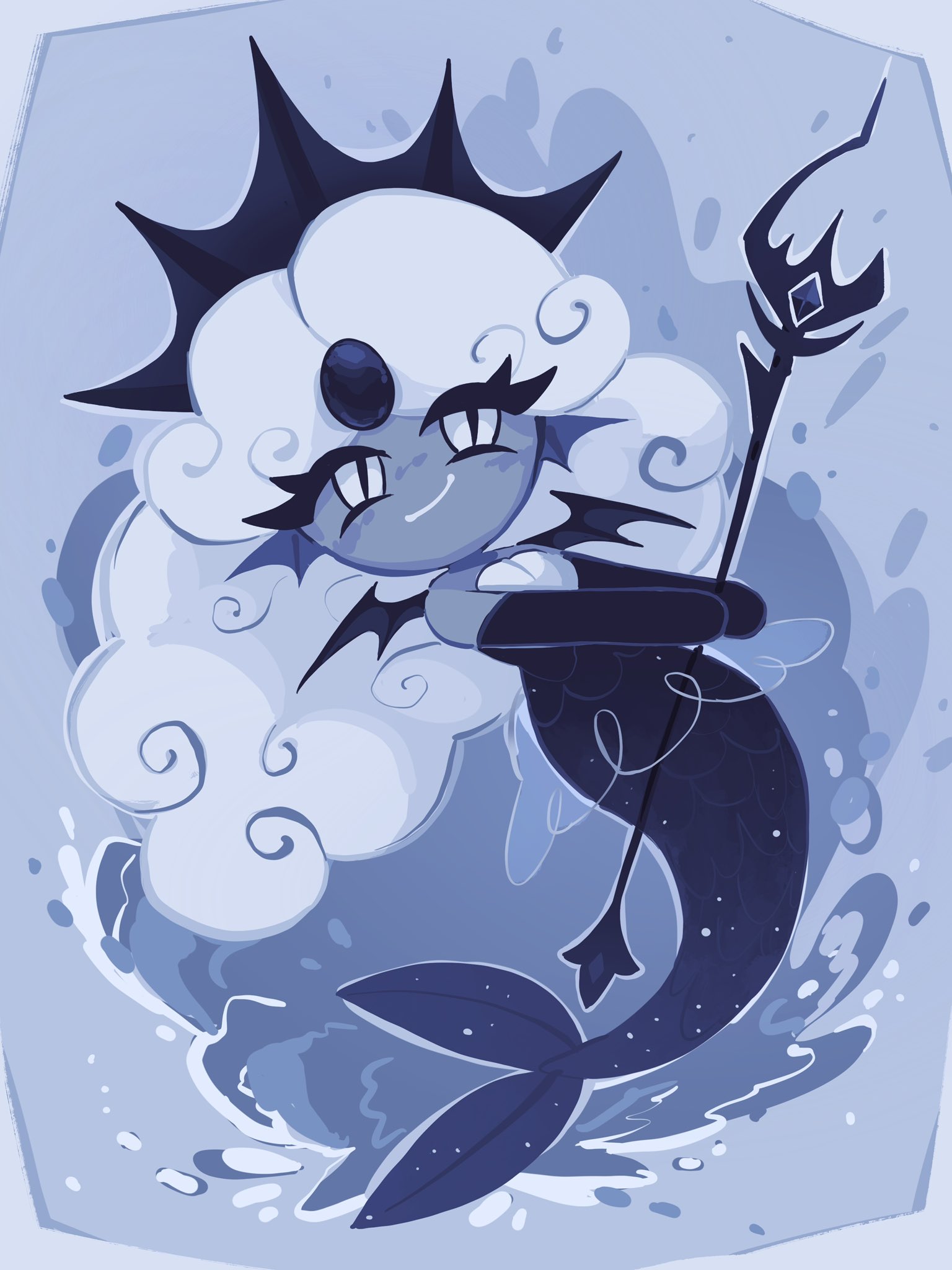 leafysky22, black pearl cookie, cookie run, cookie run: kingdom, commentary, english commentary, highres, 1girl, black gemstone, black gloves, black tiara, black wings, blue background, closed mouth, colored skin, curly hair, demon wings, elbow gloves, forehead jewel, full body, gem, gloves, grey skin, holding, holding polearm, holding weapon, long hair, looking at viewer, mermaid, mini wings, monster girl, parted bangs, polearm, simple background, slit pupils, smile, solo, tiara, trident, v arms, very long hair, water, weapon, white eyes, white hair, wings