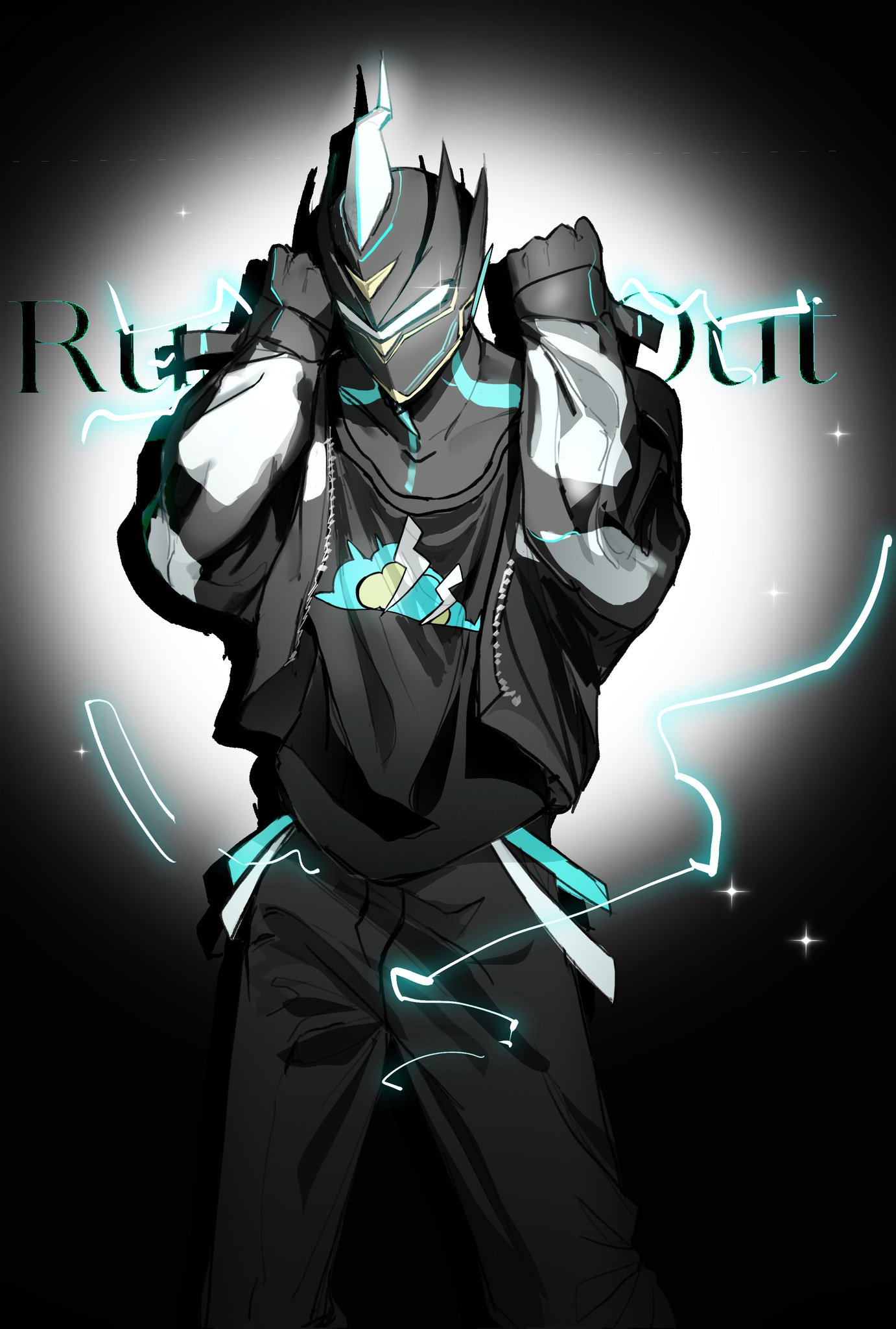 e-soul (to be hero x), to be hero, to be hero x, highres, 1boy, black bodysuit, black gloves, black helmet, black jacket, black pants, black shirt, bodysuit, cowboy shot, cropped jacket, facing viewer, fake horns, gloves, helmet, horned helmet, horns, jacket, jingfngyny80992, male focus, mask, pants, print shirt, shirt, solo, sparkle, spotlight