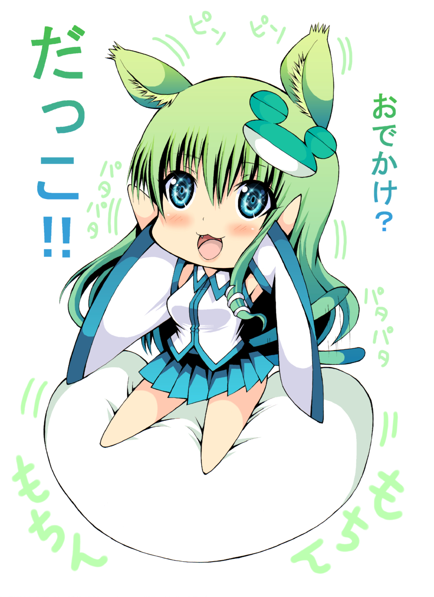 daive, kochiya sanae, touhou, bad id, bad pixiv id, highres, translated, 1girl, :3, animal ears, blue eyes, cat ears, cat girl, cat tail, chibi, cushion, detached sleeves, fang, female focus, frog, green hair, hair ornament, kemonomimi mode, long hair, open mouth, pillow, simple background, solo, sparkle, tail, tail wagging