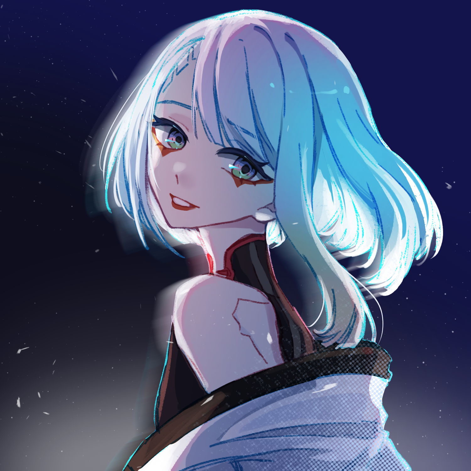 chilizi, lucy (cyberpunk), cyberpunk: edgerunners, cyberpunk (series), highres, 1girl, backlighting, bare shoulders, black bodysuit, bodysuit, dark background, eyeliner, from side, grin, looking at viewer, makeup, off-shoulder jacket, off shoulder, purple eyes, red eyeliner, red lips, short hair, sleeveless, sleeveless bodysuit, smile, solo, upper body, white hair